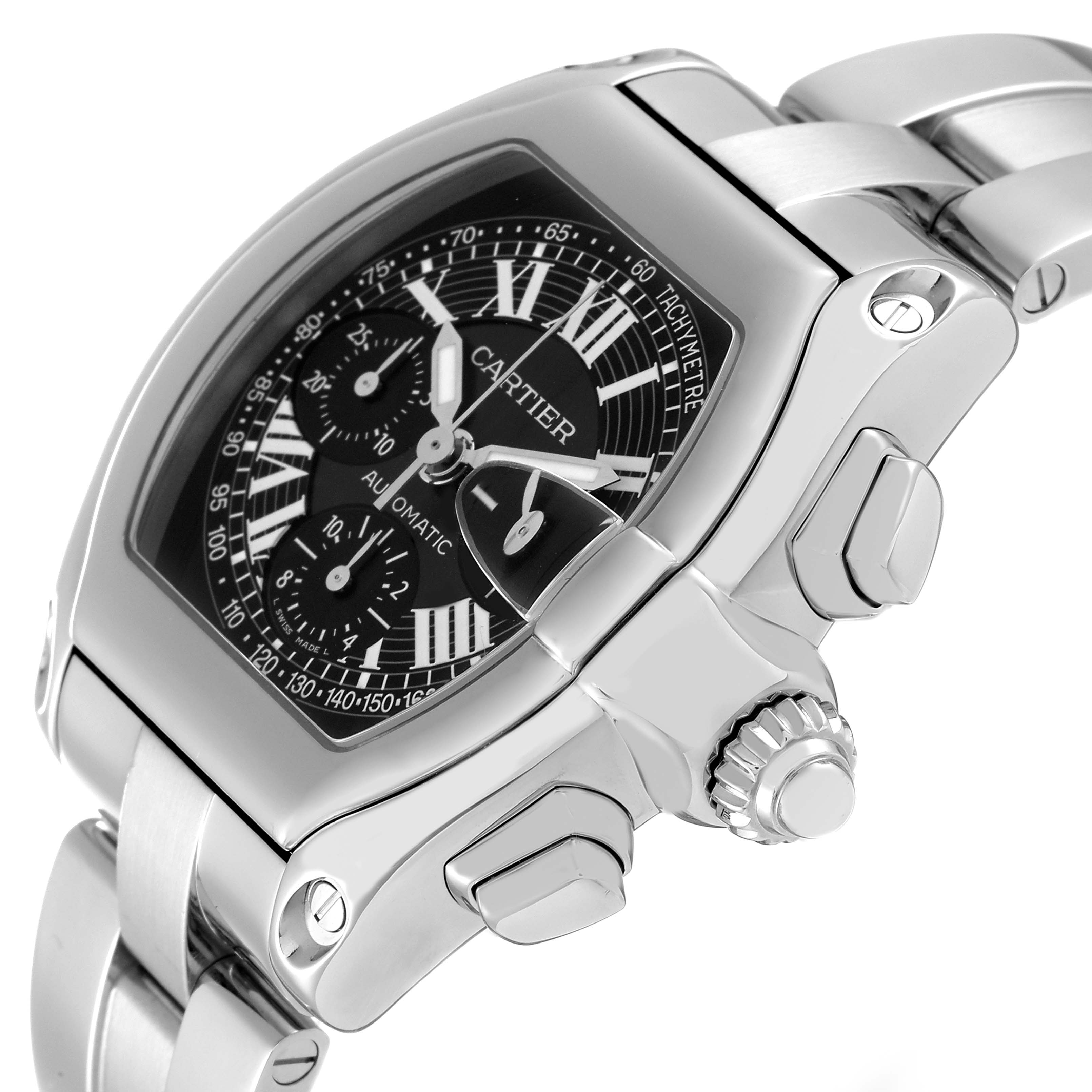 This is a close-up side view of the Cartier Roadster W62007X6 Men's Stainless Steel Black Dial W62007X6 Men's Stainless Steel Black Dial watch, showing its dial, bezel, crown, and part of the bracelet.