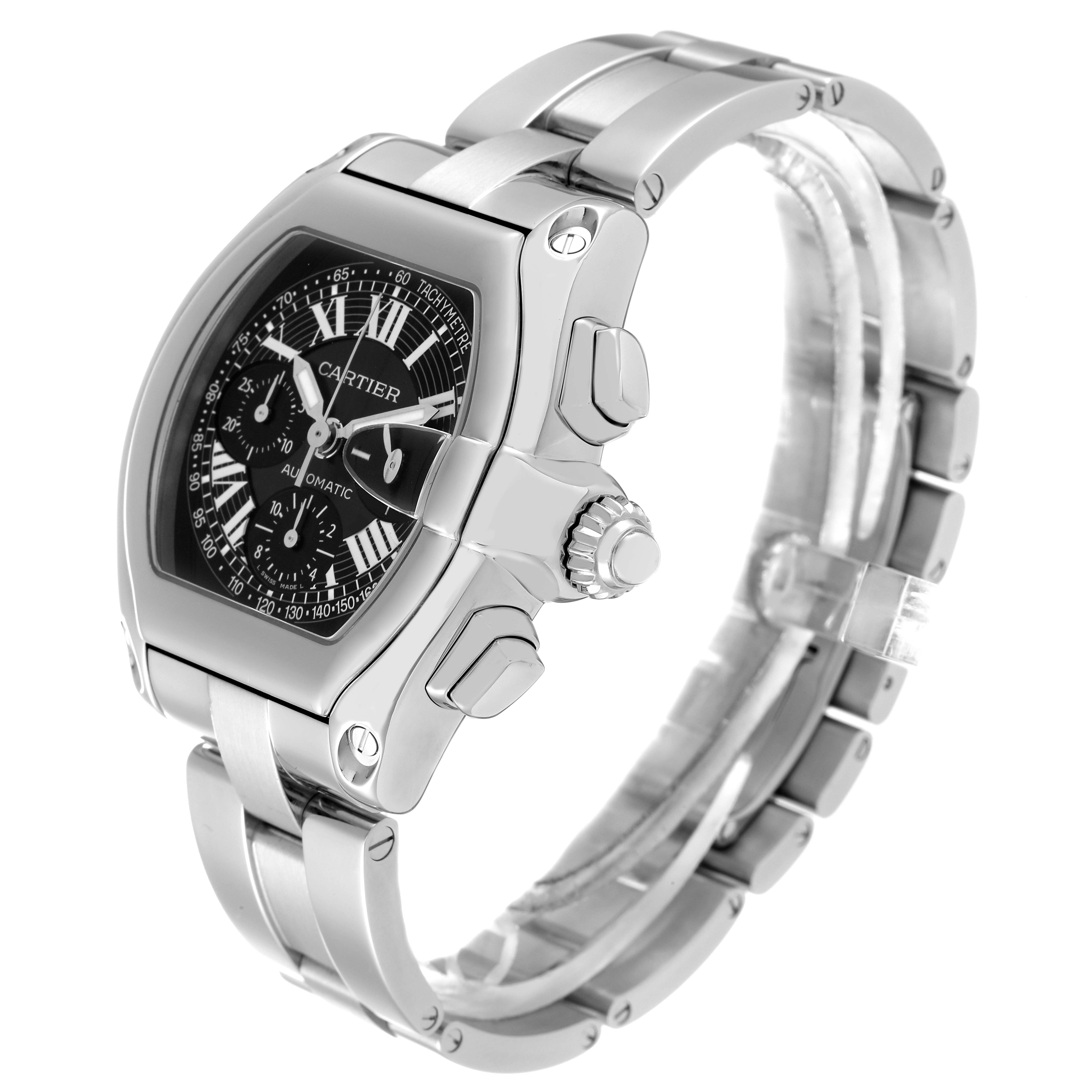 The image shows a side view of the Cartier Roadster W62007X6 Men's Stainless Steel Black Dial W62007X6 Men's Stainless Steel Black Dial watch, displaying its face, bezel, case, and part of the bracelet.