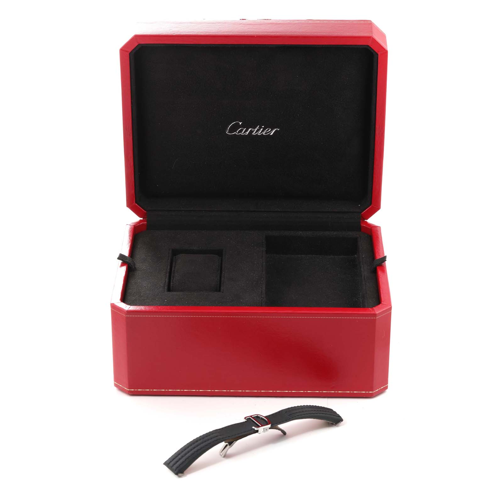 This image shows an empty Cartier Roadster W62007X6 Men's Stainless Steel Black Dial W62007X6 Men's Stainless Steel Black Dial watch box and a black replacement strap with its buckle.