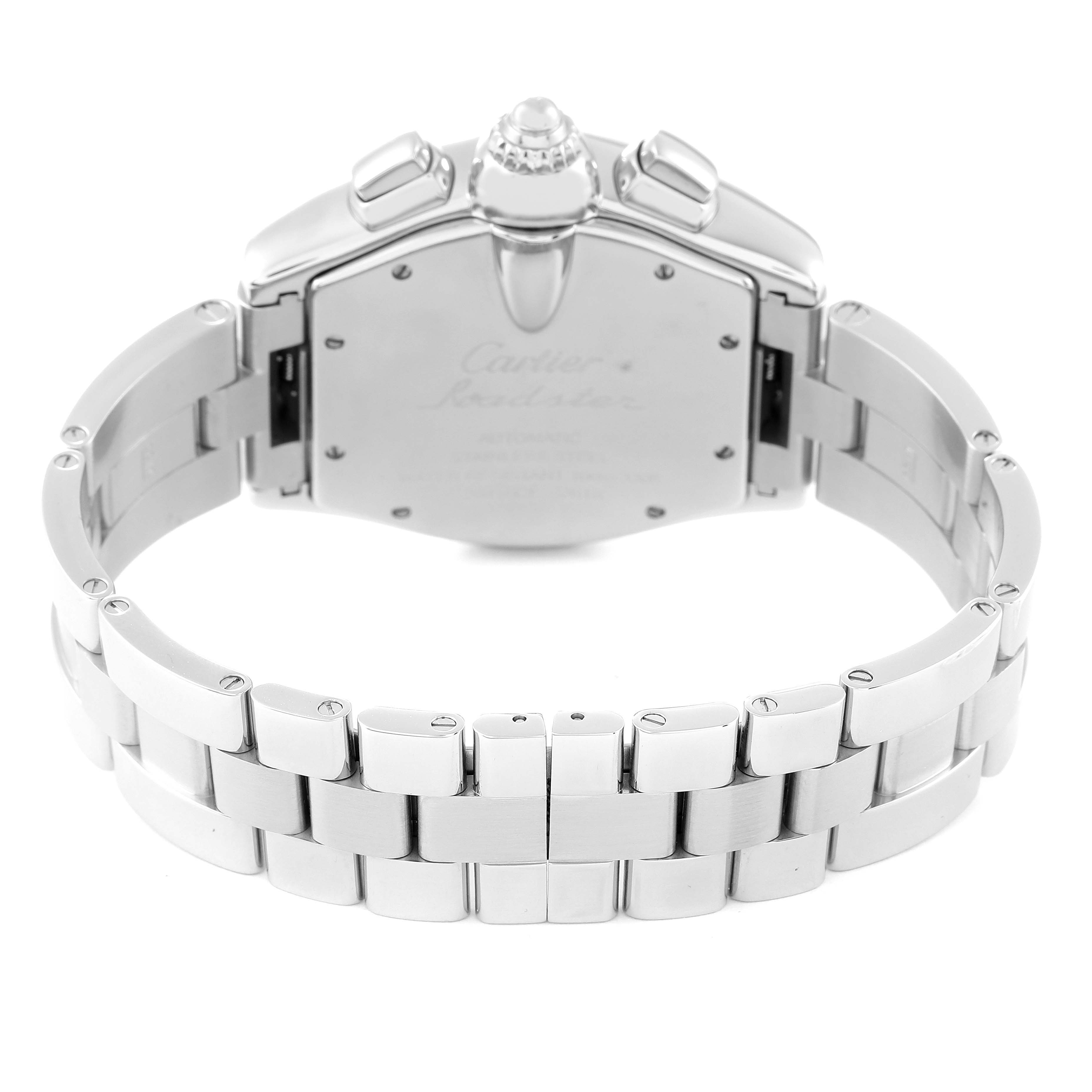 The image shows the back and bracelet of a Cartier Roadster W62007X6 Men's Stainless Steel Black Dial W62007X6 Men's Stainless Steel Black Dial watch from a straight-on angle.