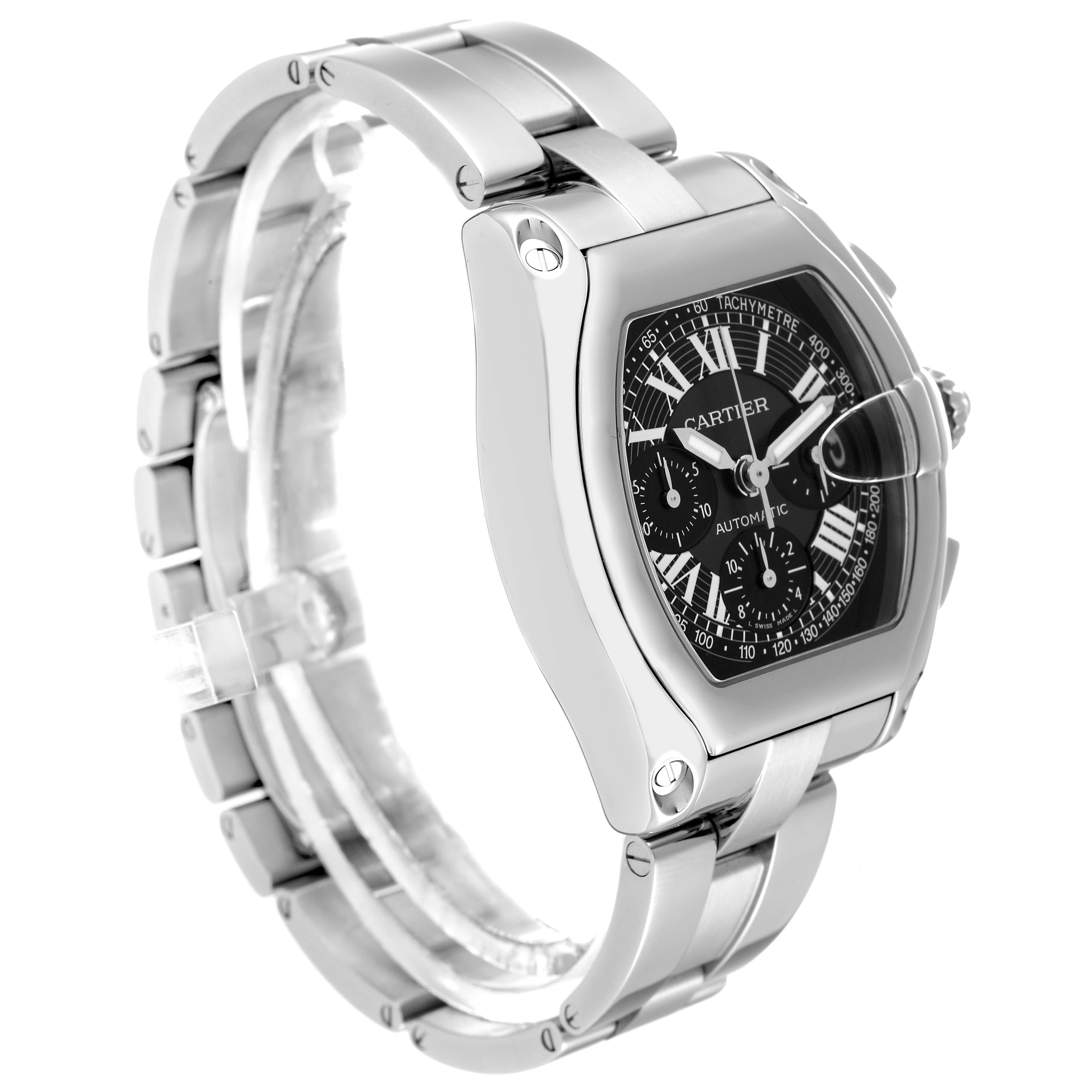 The image shows a Cartier Roadster W62007X6 Men's Stainless Steel Black Dial W62007X6 Men's Stainless Steel Black Dial watch from a side angle, displaying the bracelet, case, and dial.