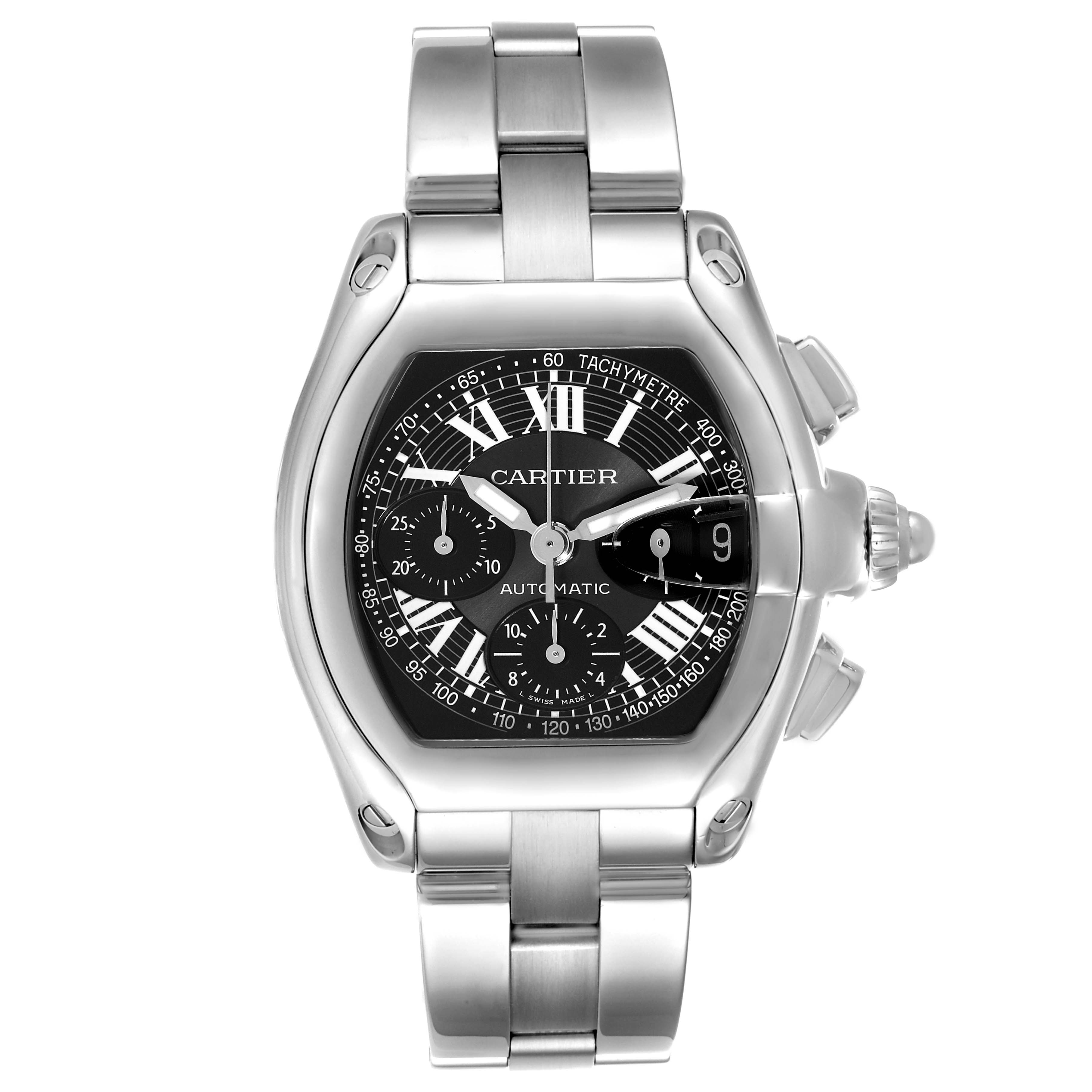 The image shows a Cartier Roadster W62007X6 Men's Stainless Steel Black Dial W62007X6 Men's Stainless Steel Black Dial model watch from a front angle, highlighting the dial, bracelet, and crown.
