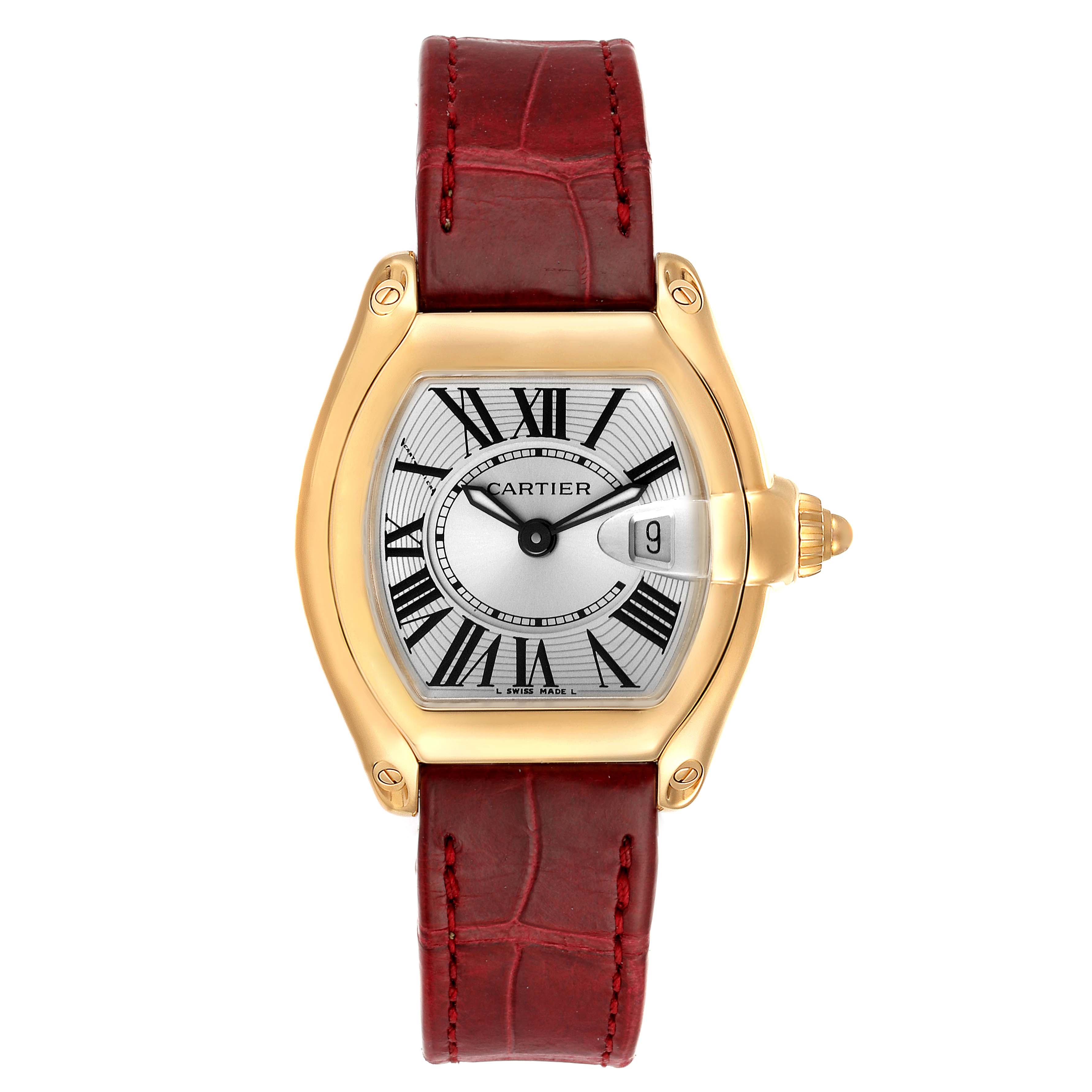 The image shows a front view of a Cartier Roadster W62018Y5 Women's Yellow Gold Silver Dial W62018Y5 Women's Yellow Gold Silver Dial watch with a red leather strap and gold case.