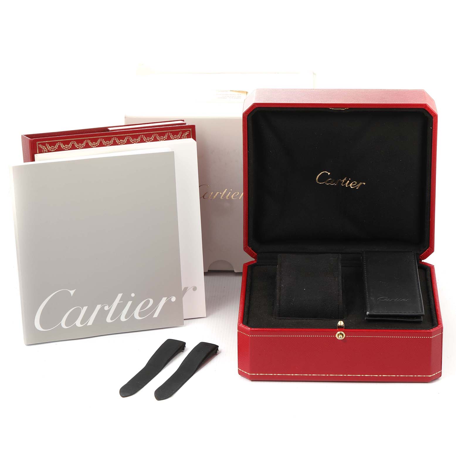 The image shows the packaging, manual, and accessories for a Cartier Roadster W62018Y5 Women's Yellow Gold Silver Dial W62018Y5 Women's Yellow Gold Silver Dial watch.