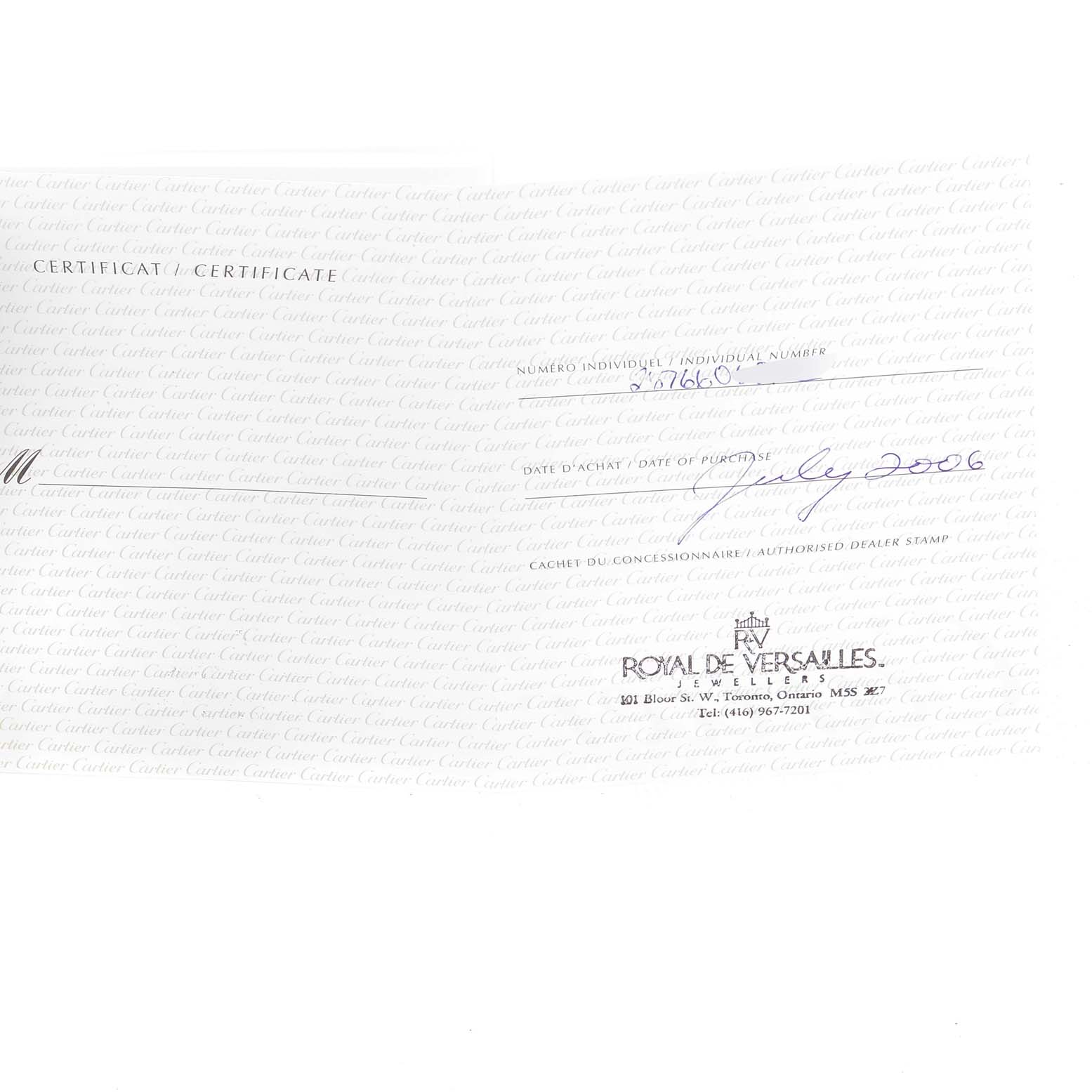 The image shows a certificate for a Cartier Roadster W62018Y5 Women's Yellow Gold Silver Dial W62018Y5 Women's Yellow Gold Silver Dial model watch, including the individual number and purchase date.