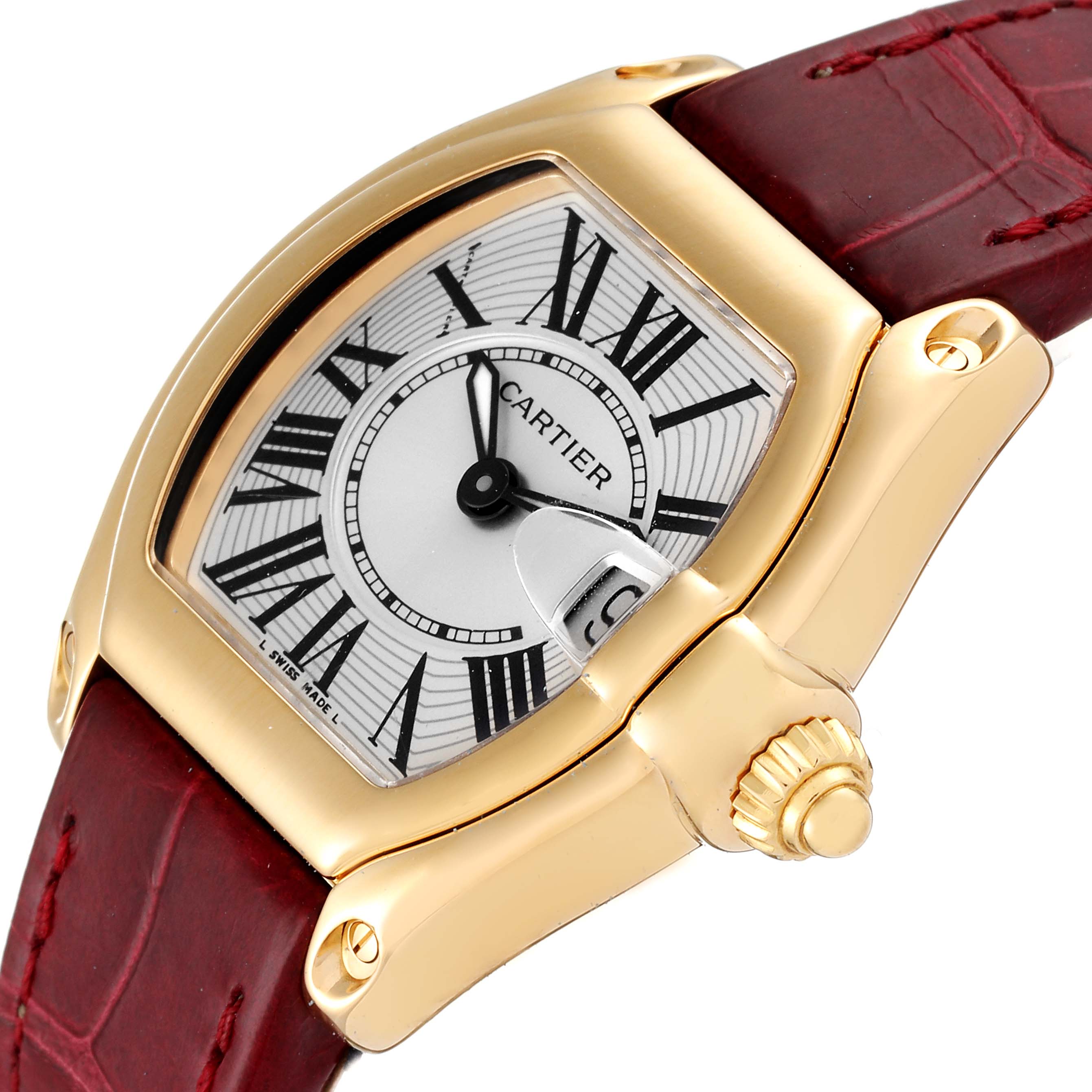 The image shows a close-up of the Cartier Roadster W62018Y5 Women's Yellow Gold Silver Dial W62018Y5 Women's Yellow Gold Silver Dial watch's face, crown, and red leather strap from an angled side view.
