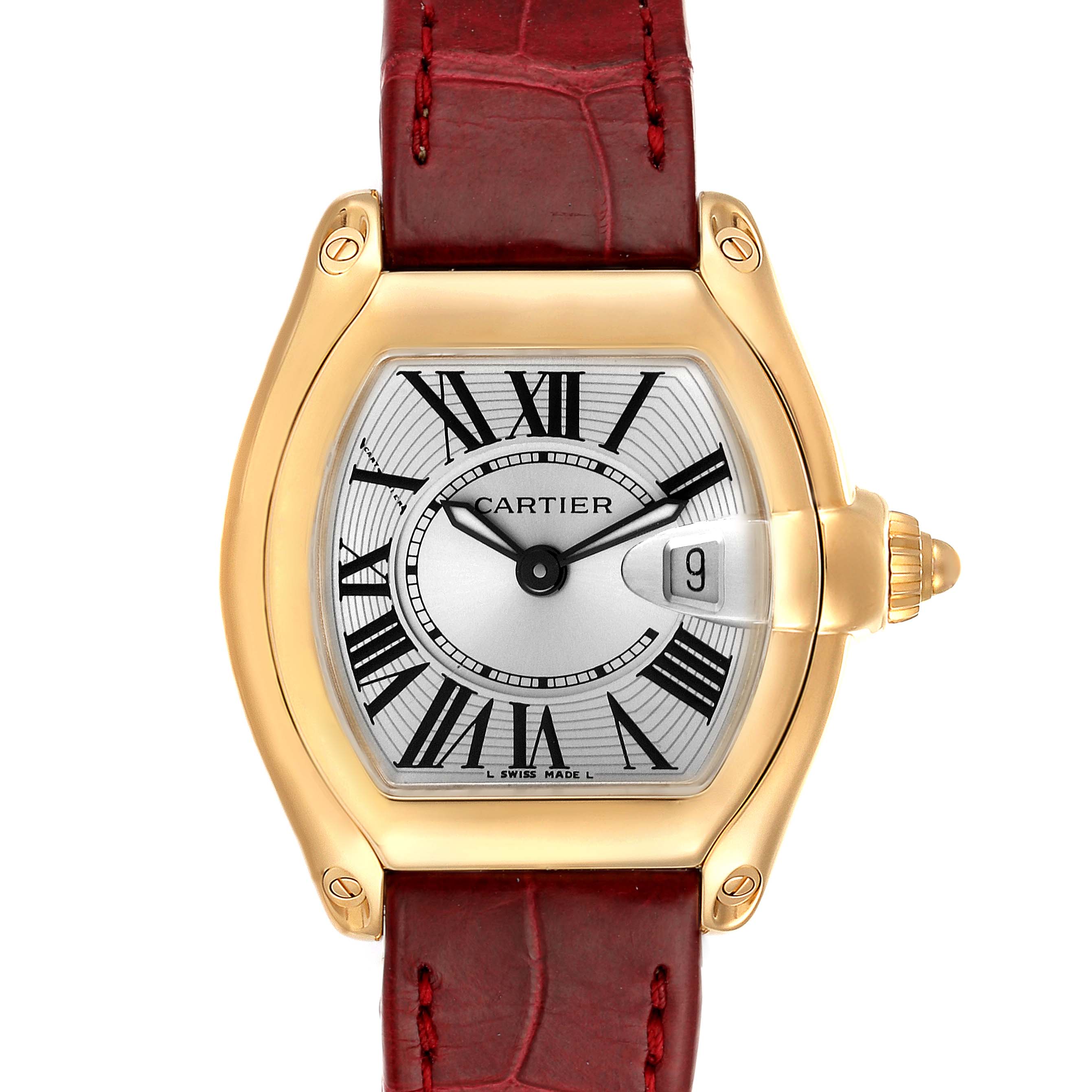 The image shows a front view of the Cartier Roadster W62018Y5 Women's Yellow Gold Silver Dial W62018Y5 Women's Yellow Gold Silver Dial watch, featuring a gold case and a red leather strap.