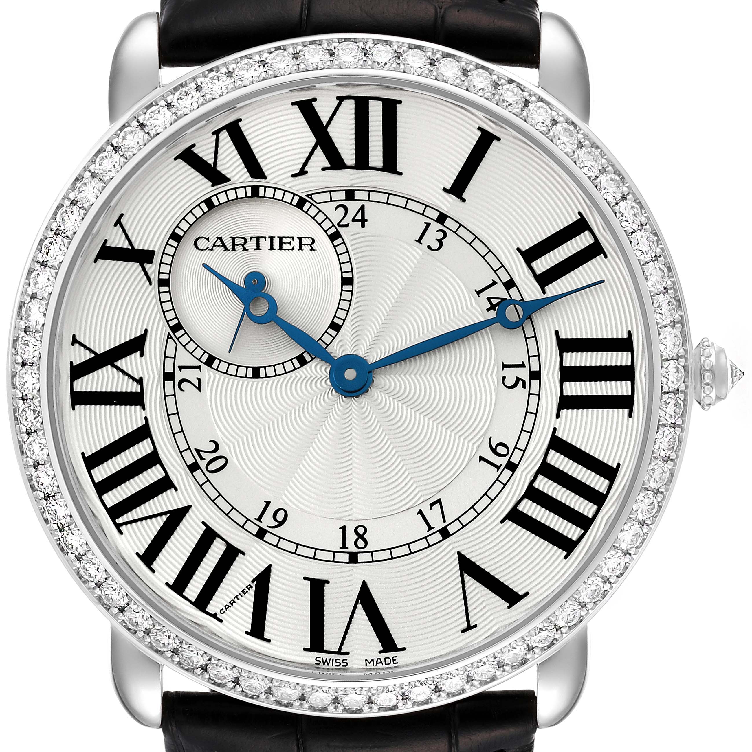 This is a close-up view of the Cartier Ronde WR007002 Men's White Gold Silver Dial WR007002 Men's White Gold Silver Dial watch showcasing its face, Roman numerals, blue hands, and diamond-studded bezel.