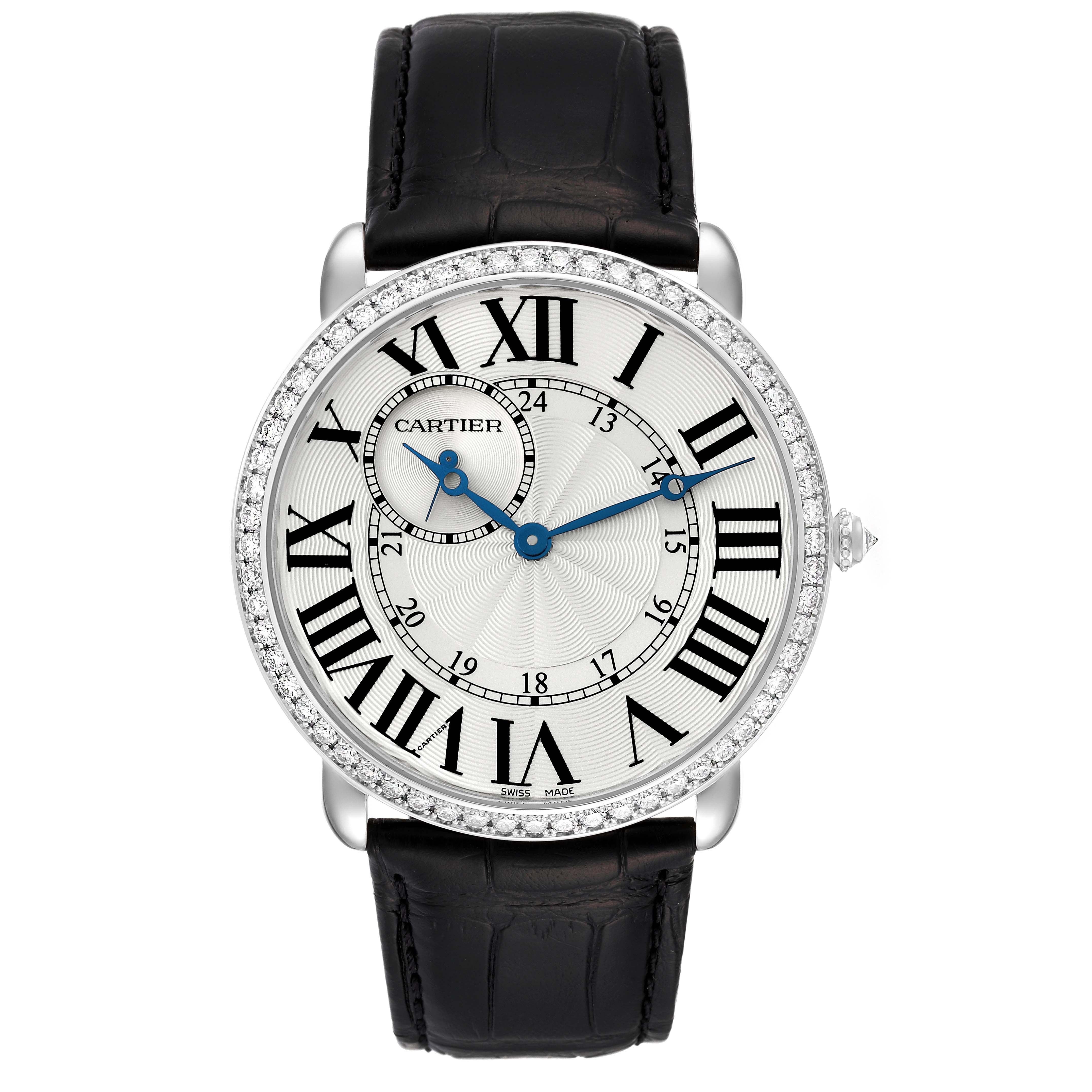 The Cartier Ronde WR007002 Men's White Gold Silver Dial WR007002 Men's White Gold Silver Dial model watch is shown from a front angle, displaying the dial, Roman numerals, and black leather strap.