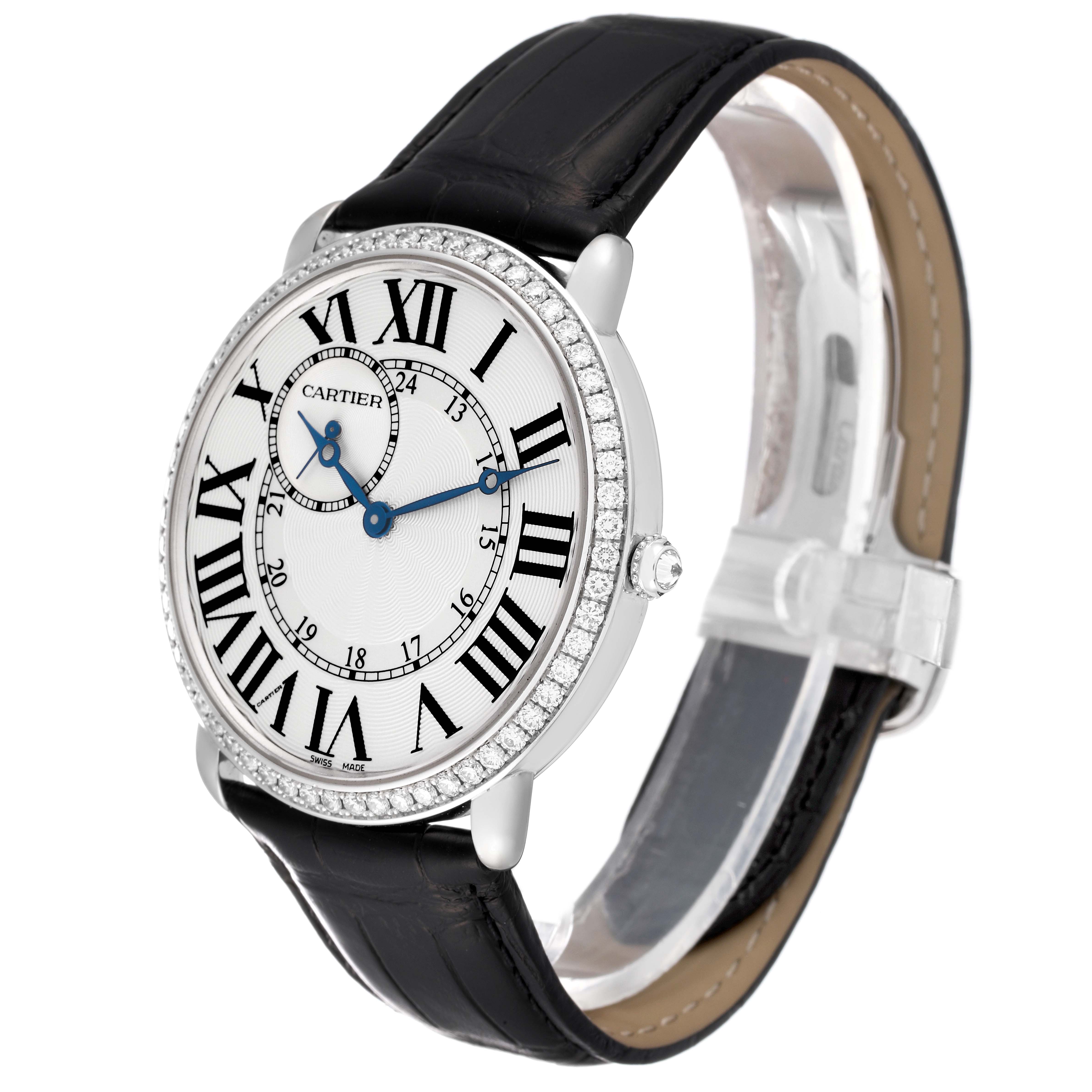 This image shows a side angle of the Cartier Ronde WR007002 Men's White Gold Silver Dial WR007002 Men's White Gold Silver Dial model watch, displaying the watch face, bezel, strap, and buckle.