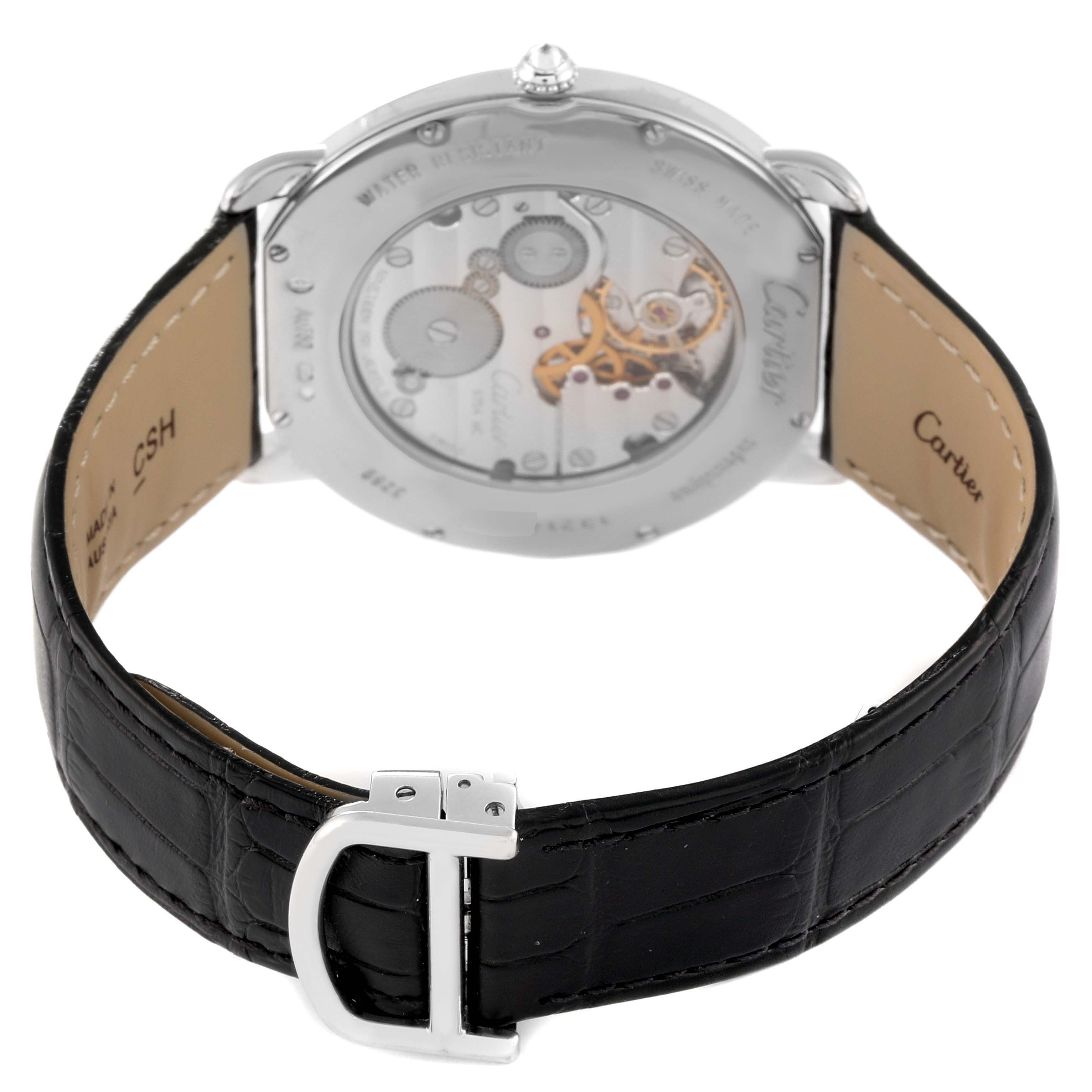 This image shows the back view of a Cartier Ronde WR007002 Men's White Gold Silver Dial WR007002 Men's White Gold Silver Dial watch, highlighting the transparent case back and black leather strap.