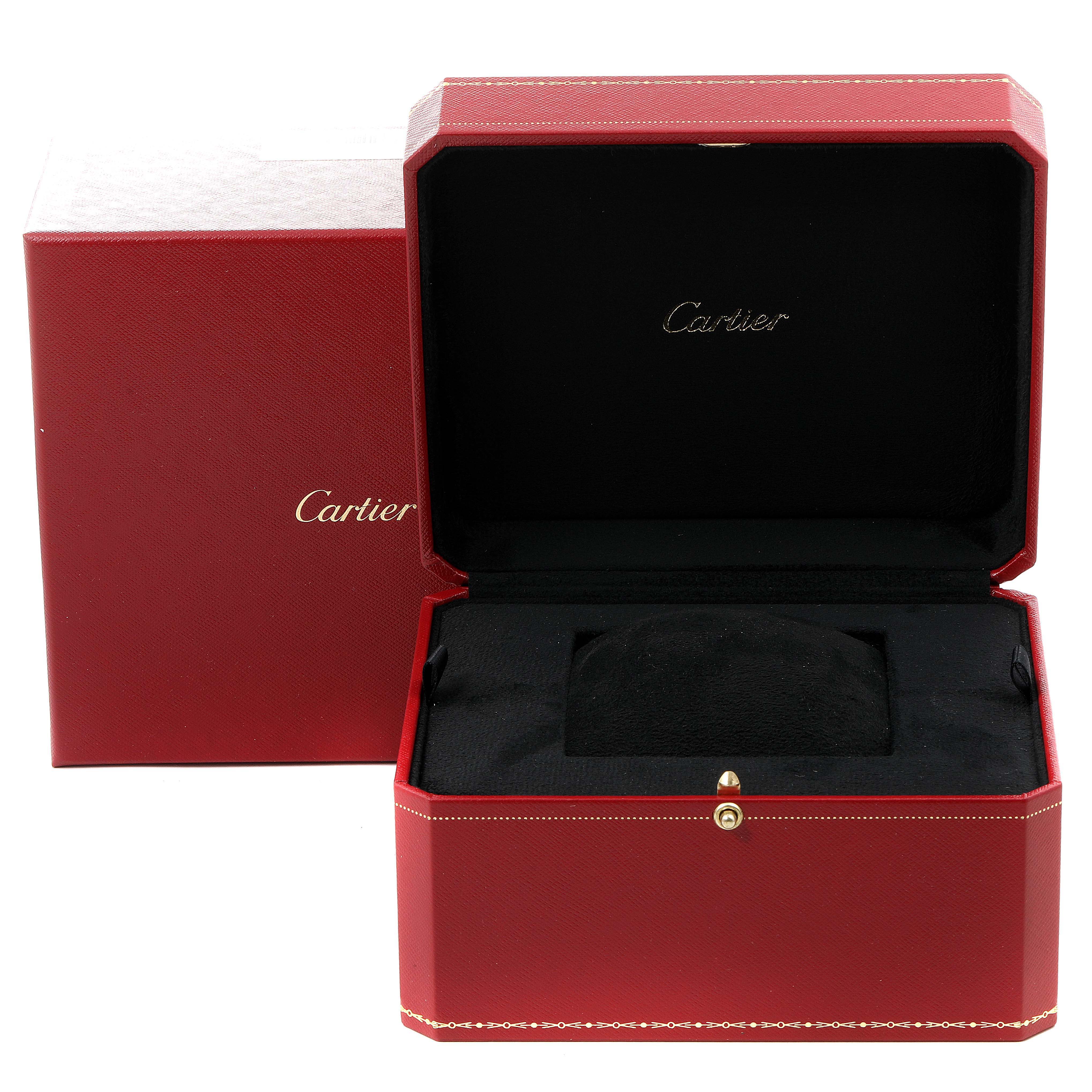 The image shows an open Cartier red watch box designed for the Ronde model, with a cushion inside.