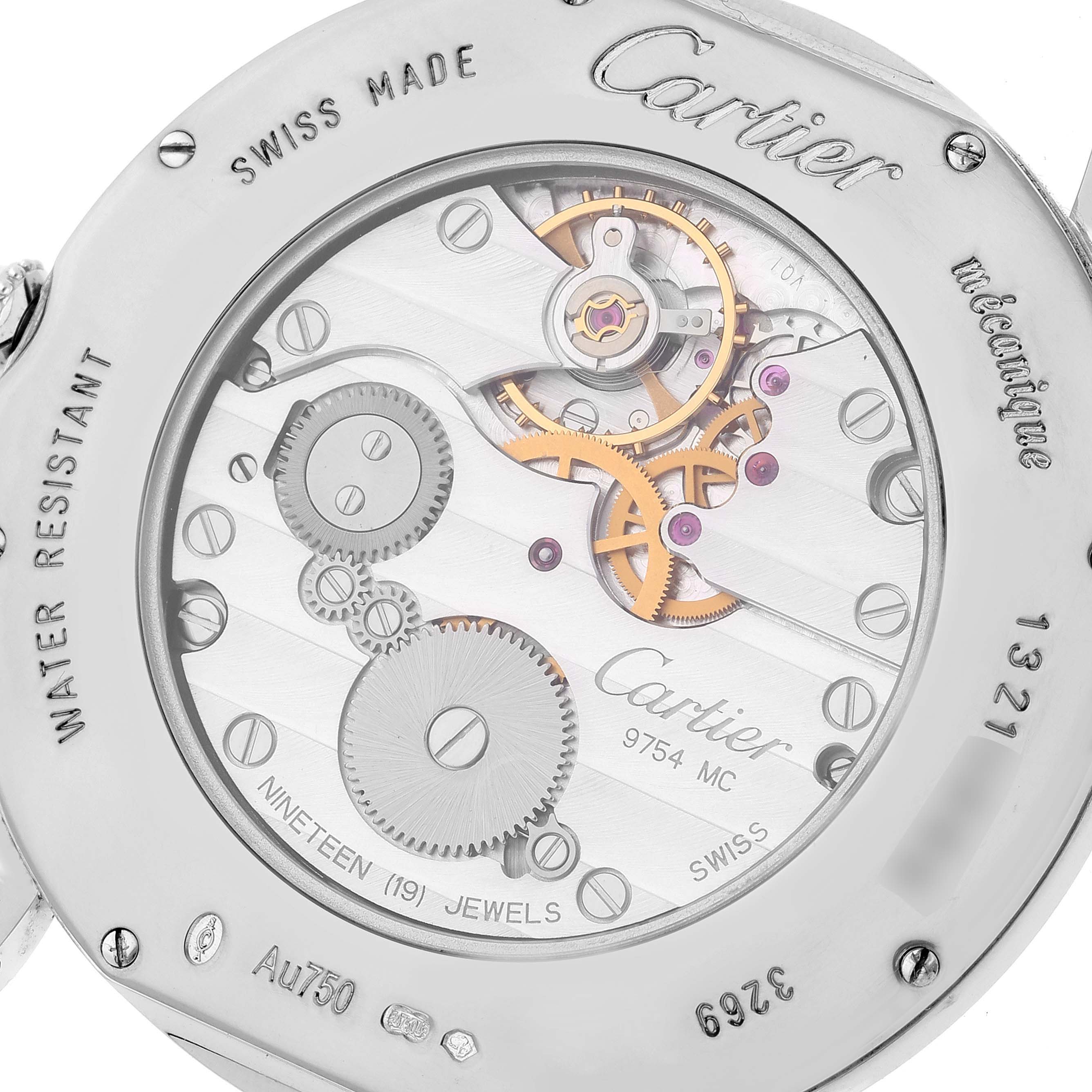 This image shows the back case and internal mechanism of the Cartier Ronde WR007002 Men's White Gold Silver Dial WR007002 Men's White Gold Silver Dial watch.