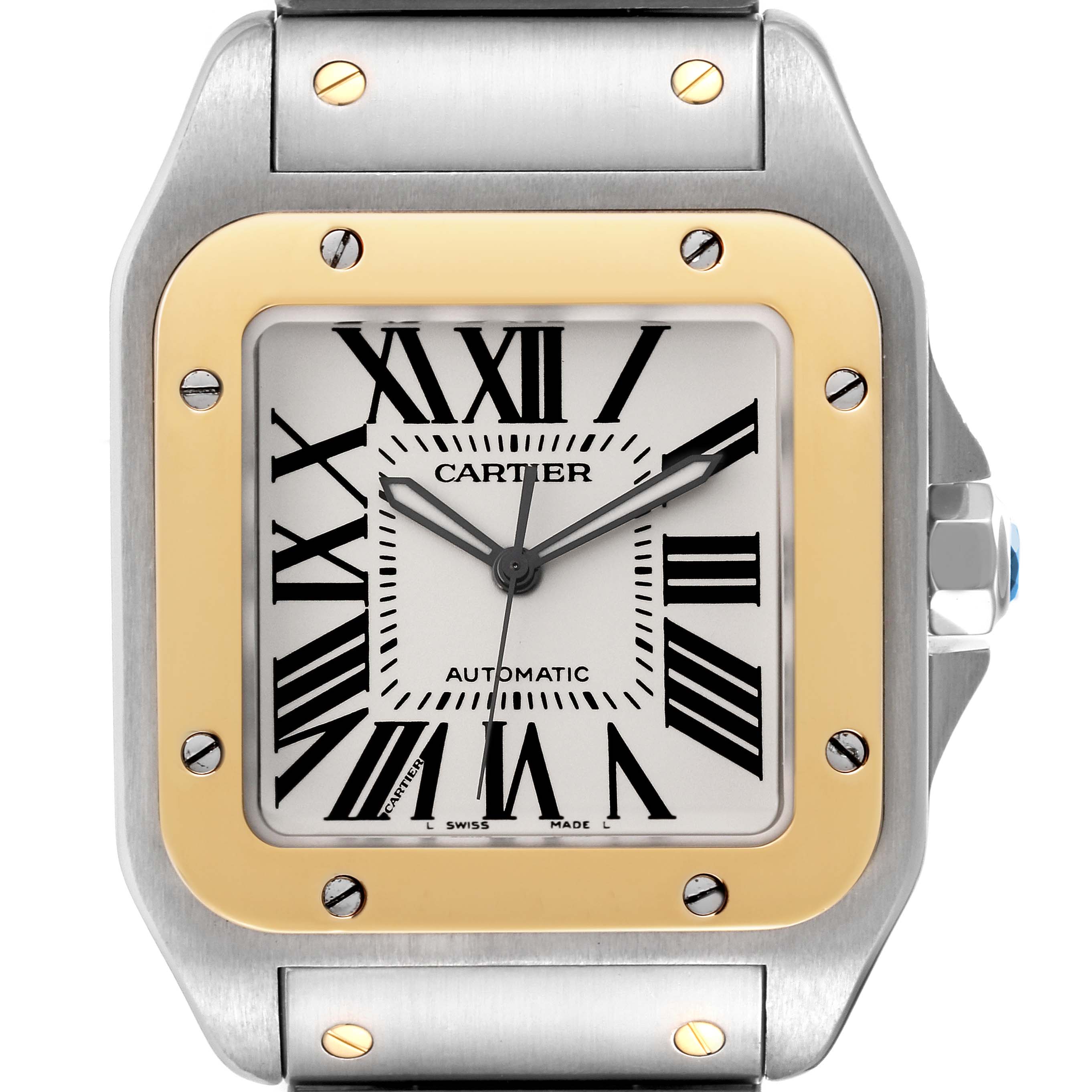 This image shows a front view of the Cartier Santos W200728G Men's Stainless Steel Silver Dial W200728G Men's Stainless Steel Silver Dial watch, highlighting the face, bezel, and part of the bracelet.