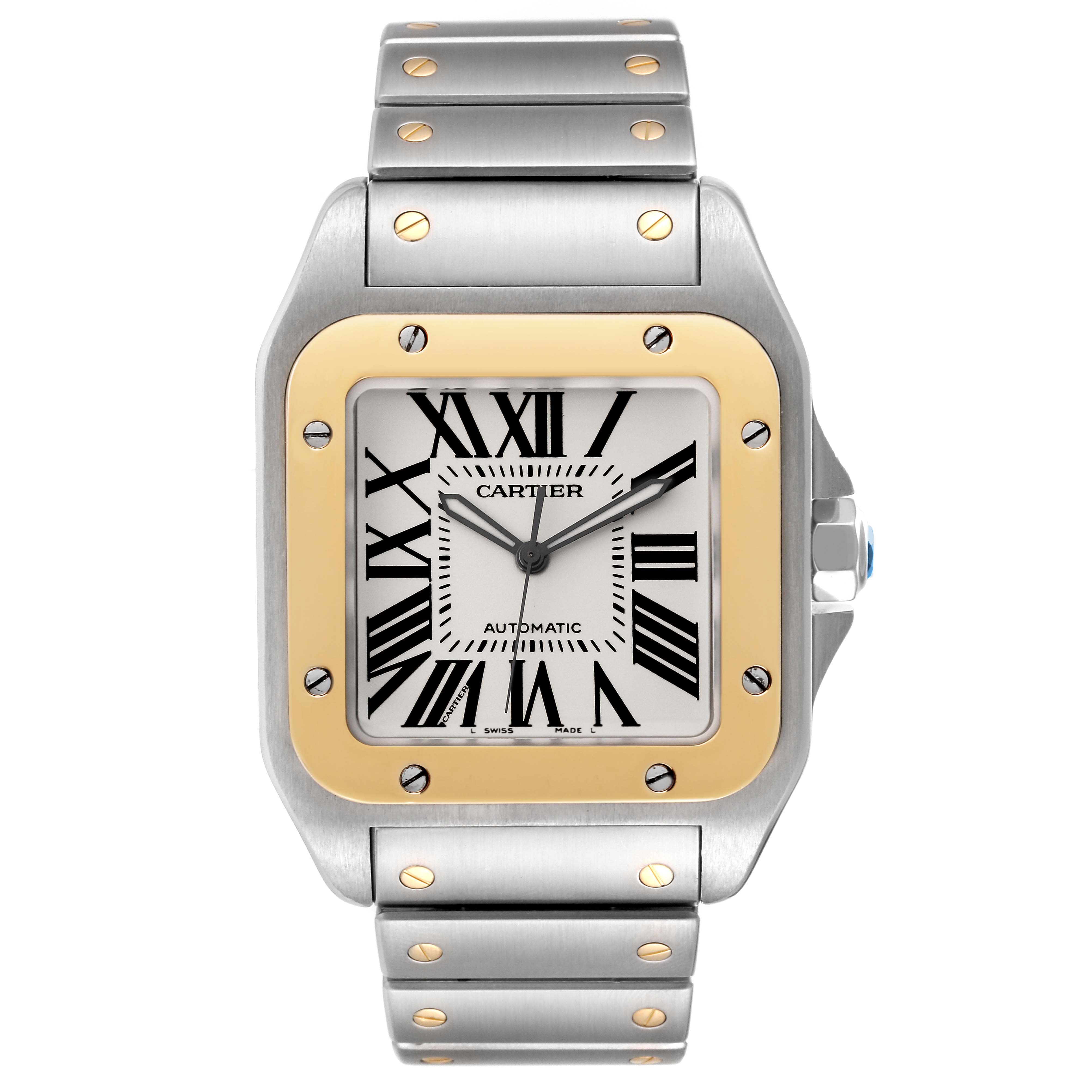 The image shows a front view of a Santos model by Cartier, highlighting its square face and metal bracelet with visible screws.
