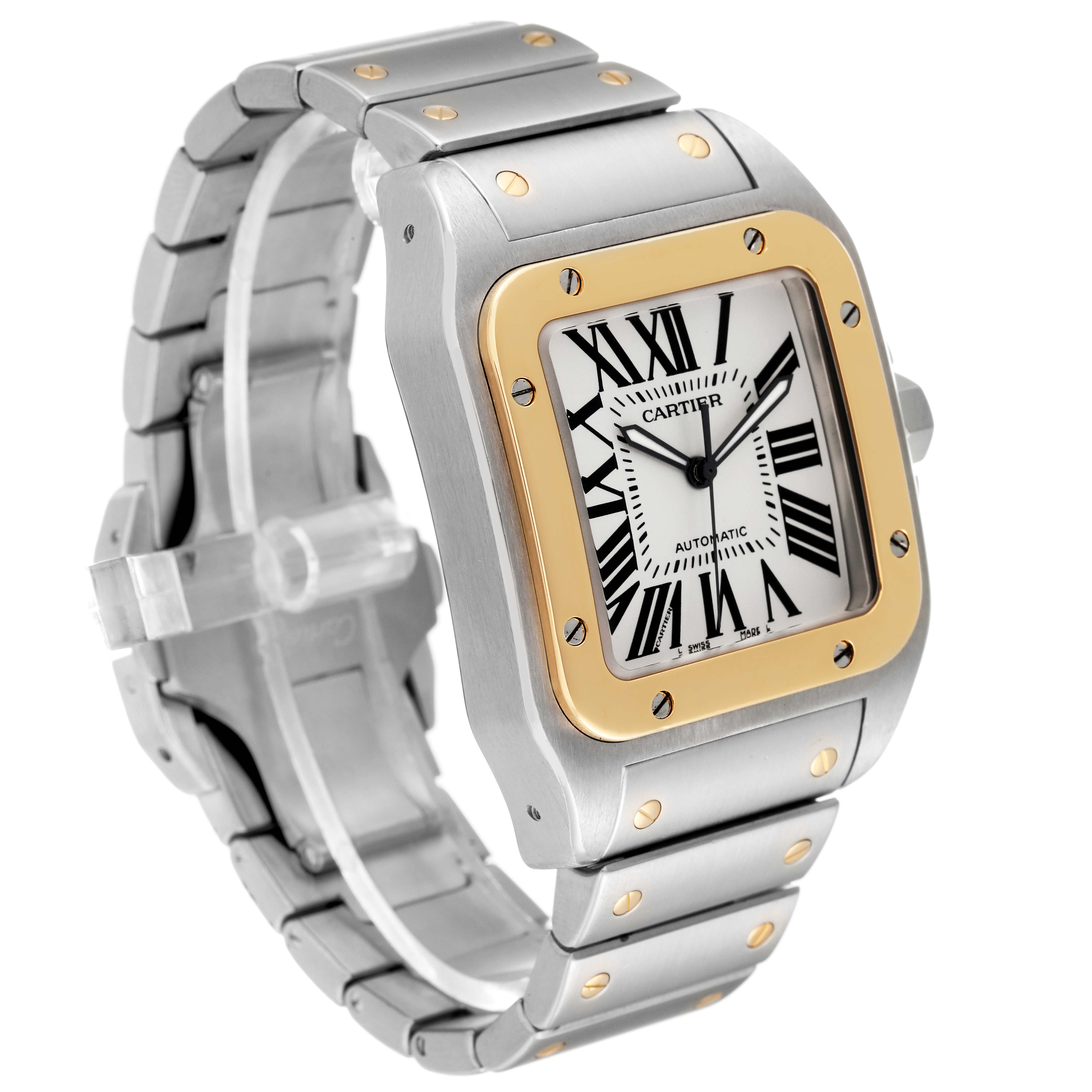 The Santos model by Cartier is shown at an angle highlighting the face, bezel, and part of the bracelet.