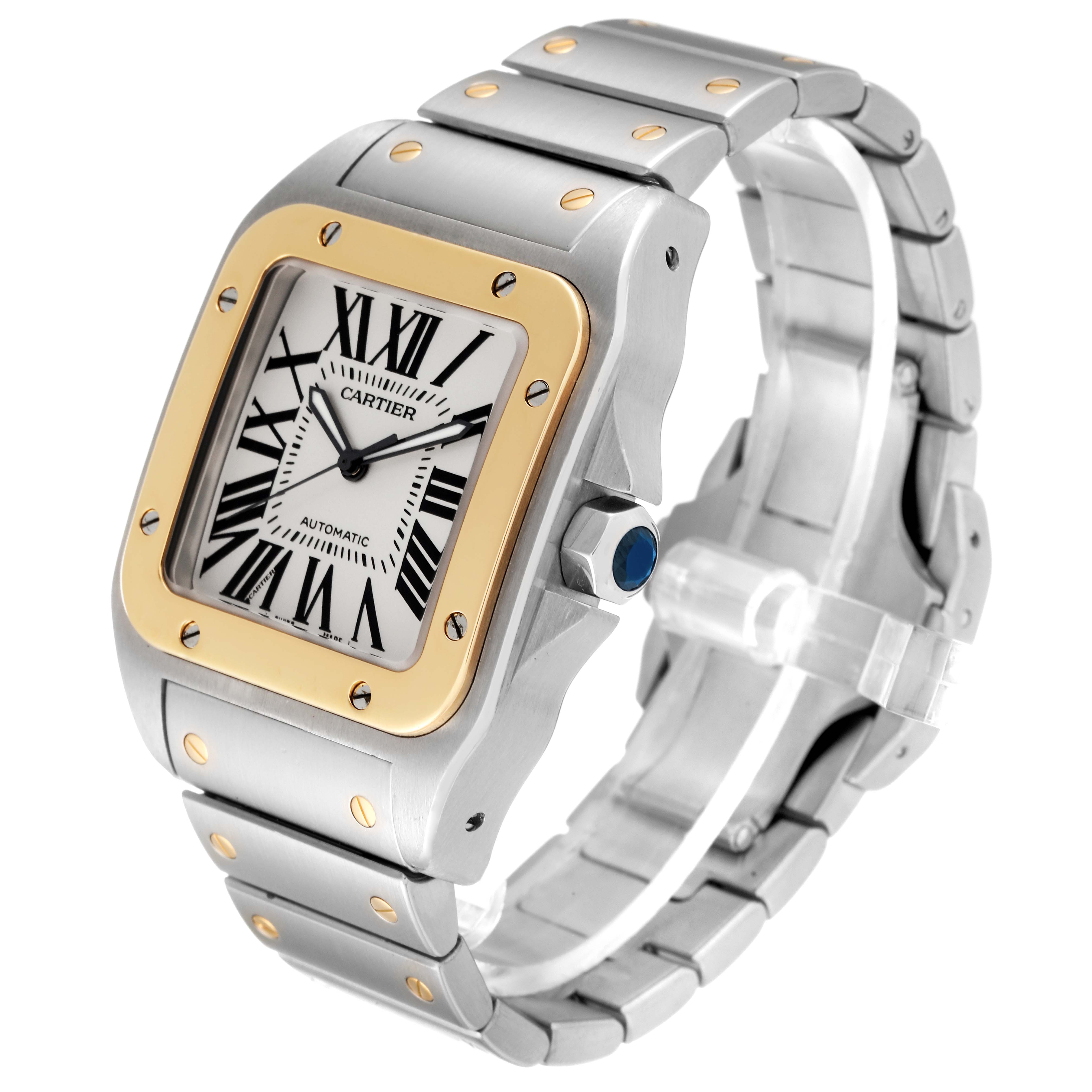 The image shows a side angle of a Cartier Santos W200728G Men's Stainless Steel Silver Dial W200728G Men's Stainless Steel Silver Dial watch, highlighting its square face, Roman numeral dial, and metal bracelet.