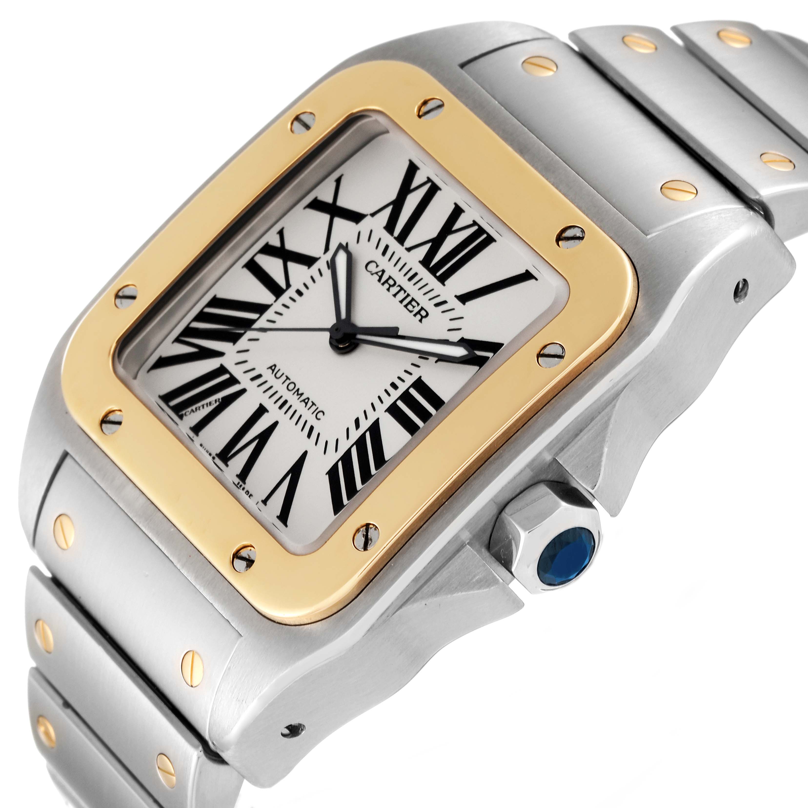 The image shows a close-up of the Cartier Santos W200728G Men's Stainless Steel Silver Dial W200728G Men's Stainless Steel Silver Dial watch, featuring its face, bezel, crown, and part of the bracelet.