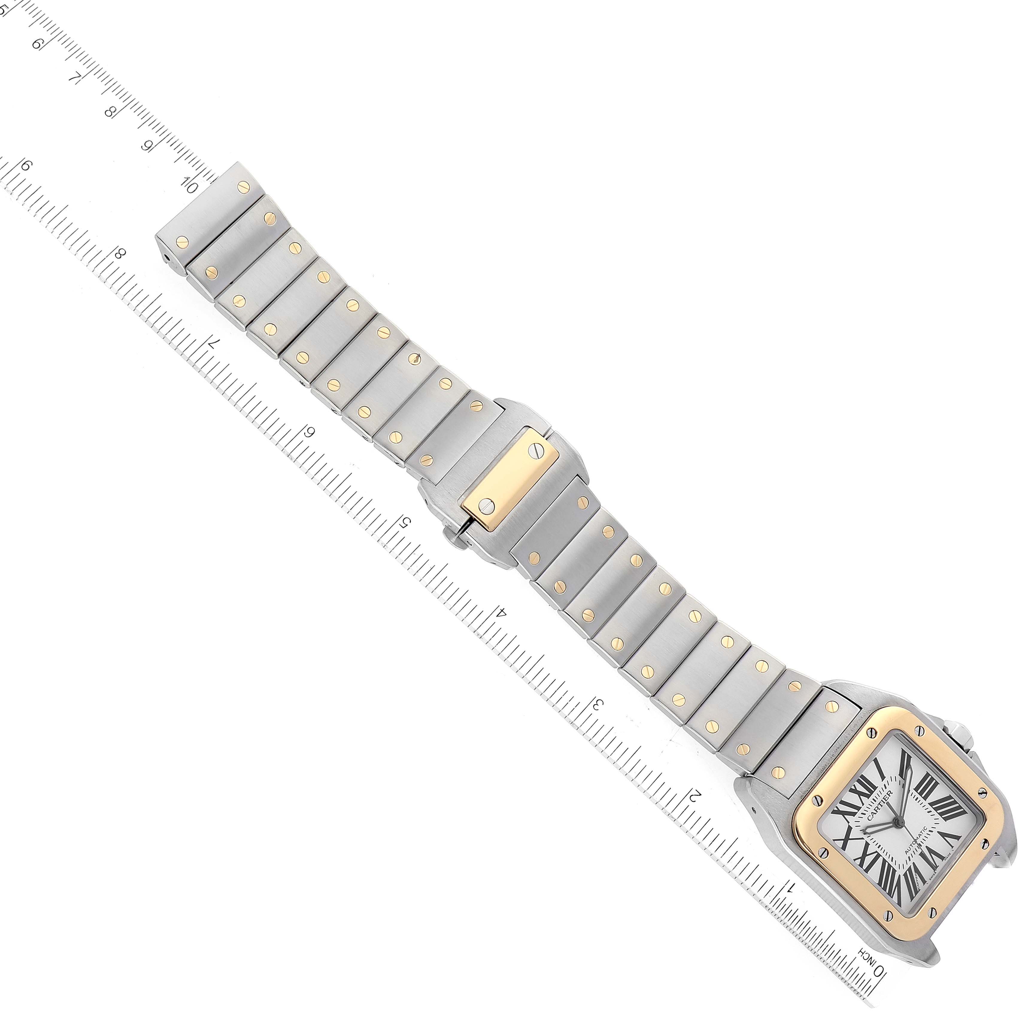 The image shows a top-down view of a Cartier Santos W200728G Men's Stainless Steel Silver Dial W200728G Men's Stainless Steel Silver Dial watch, displaying its face and full metal bracelet.