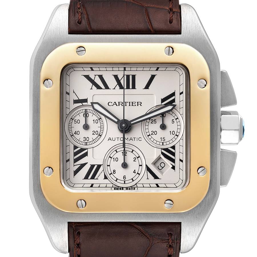 Cartier Santos 100 XL Steel Yellow Gold Chronograph Mens Watch W20091X7 SwissWatchExpo