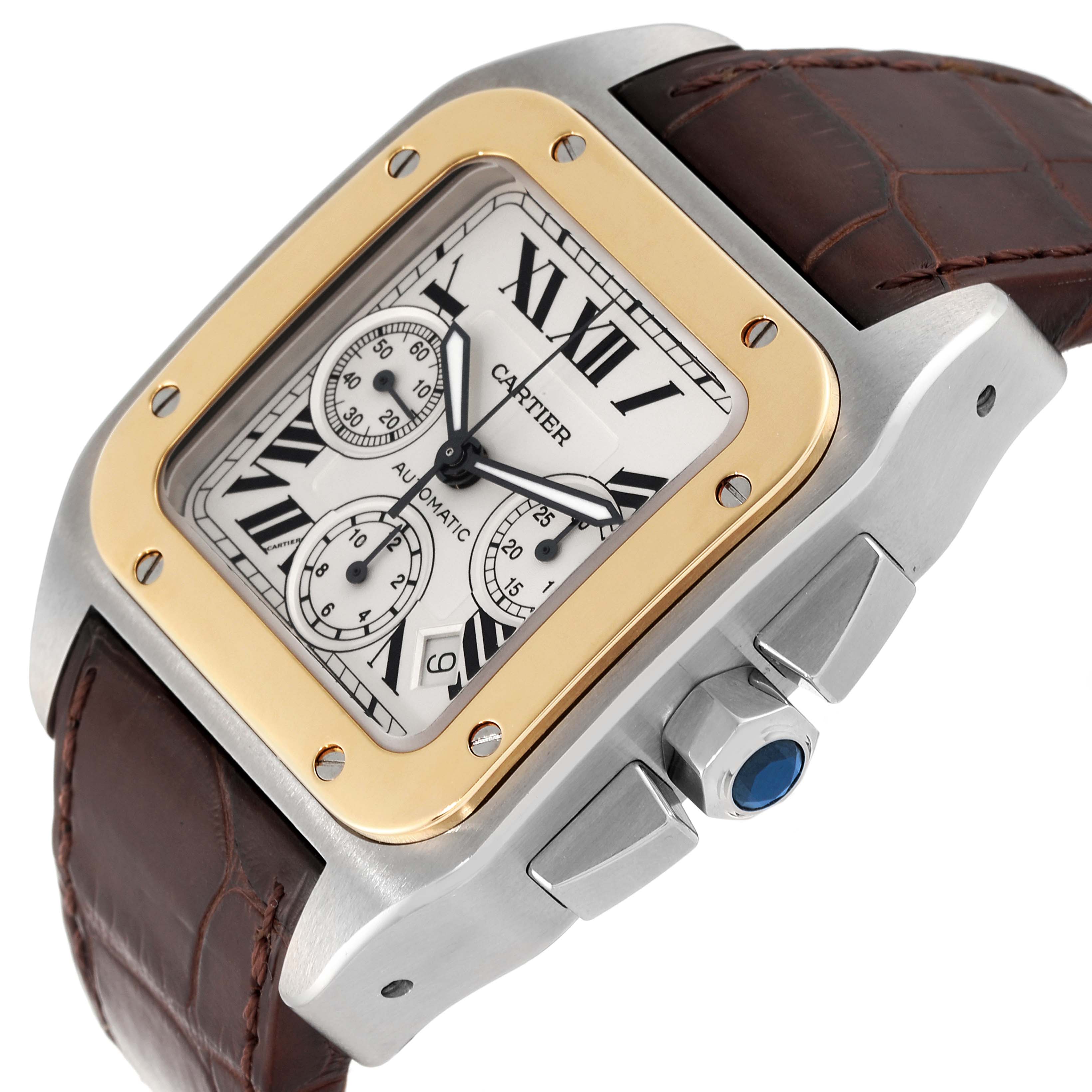 The image shows a Cartier Santos W20091X7 Men's Steel and Gold (two tone) Silver Dial W20091X7 Men's Steel and Gold (two tone) Silver Dial watch at an angled view featuring its face, crown, bezel, and leather strap.