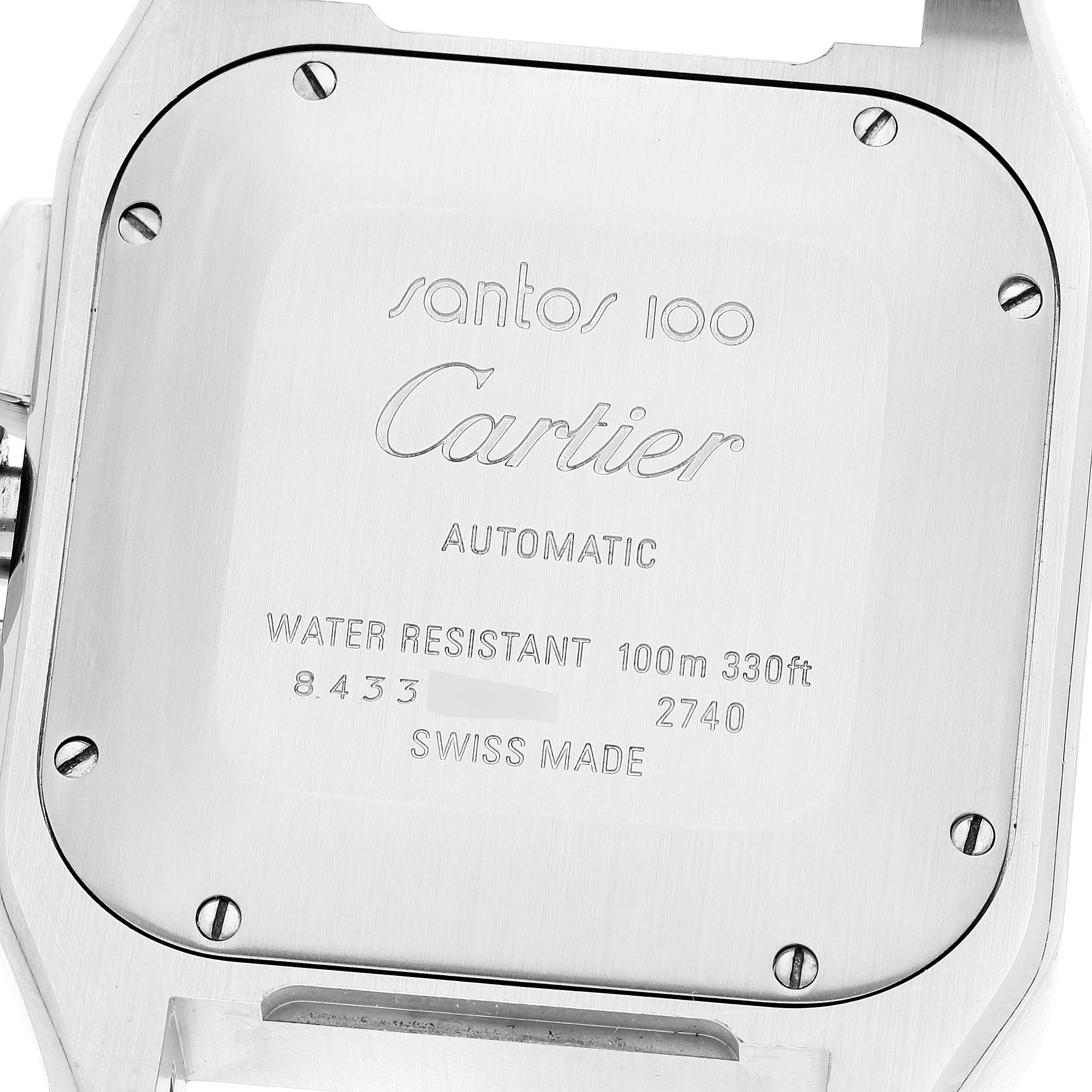 This image shows the back case of a Cartier Santos W20091X7 Men's Steel and Gold (two tone) Silver Dial W20091X7 Men's Steel and Gold (two tone) Silver Dial 100 watch, displaying its engravings and screws.