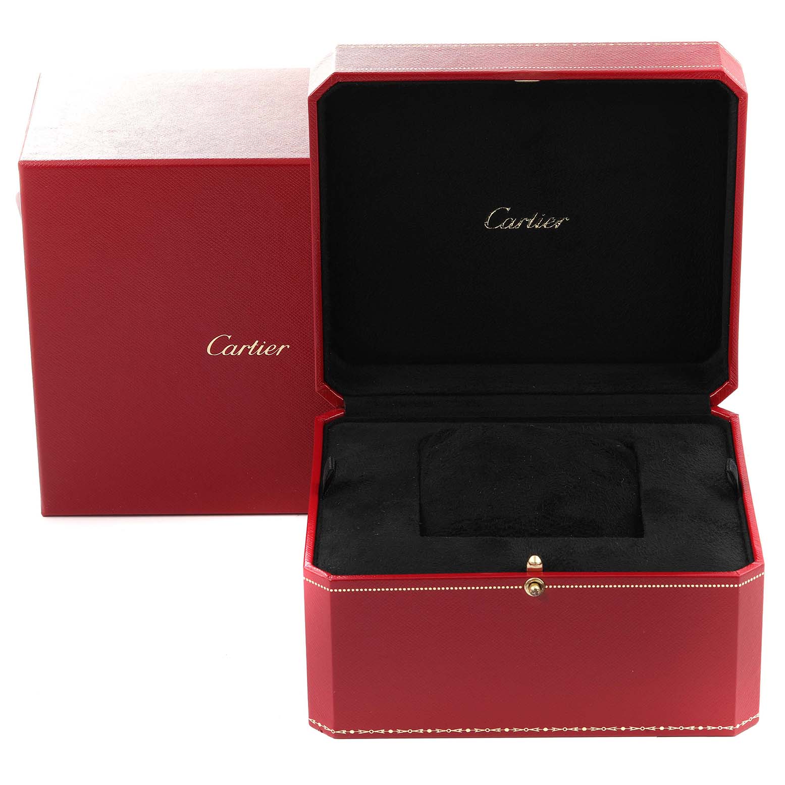 This image shows an open red Cartier box designed for the Santos Demoiselle model watch, displaying the interior cushion and branding.