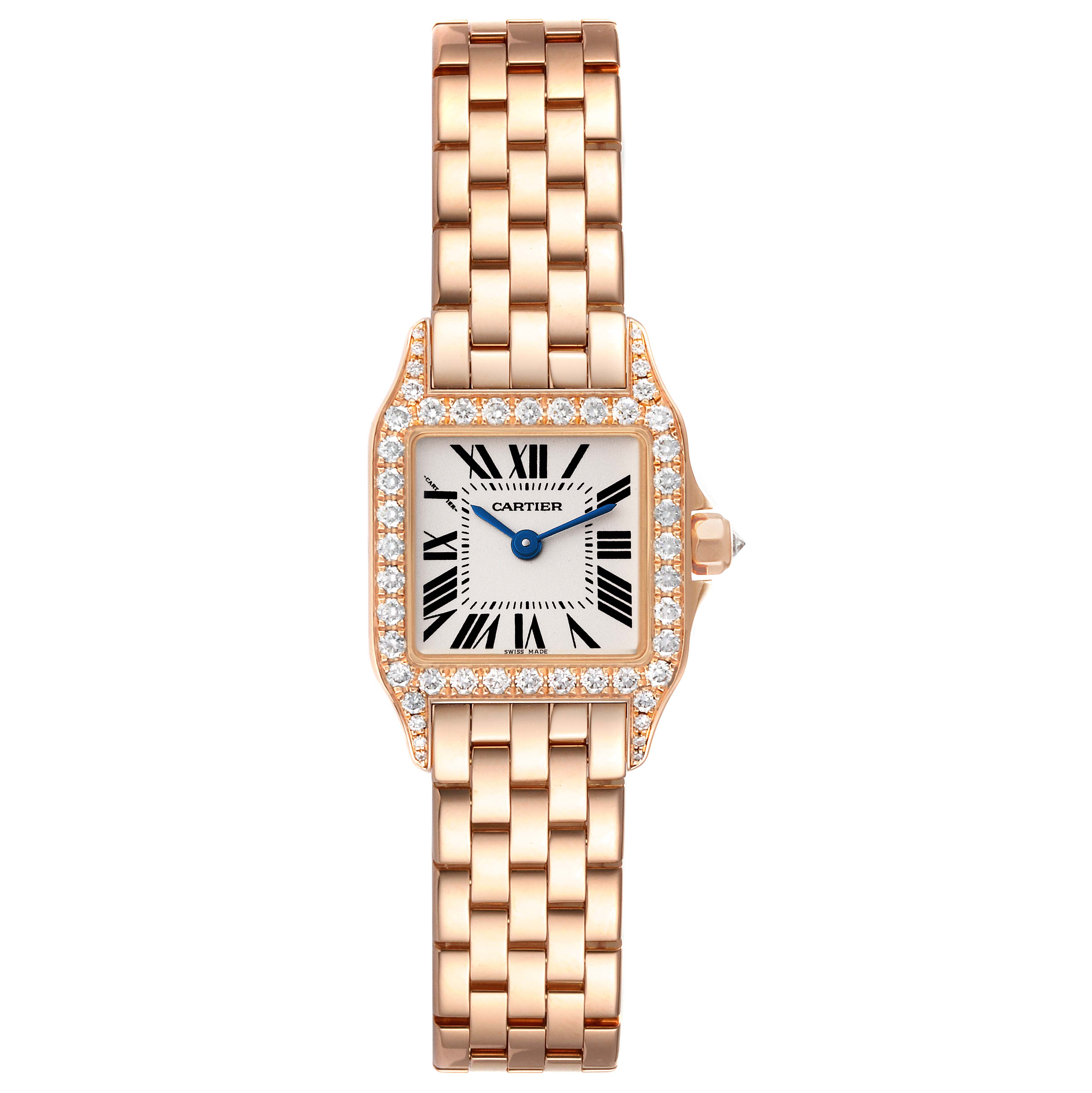 The image shows a Cartier Santos Demoiselle WF9011Z8 Women's Rose Gold Silver Dial WF9011Z8 Women's Rose Gold Silver Dial watch from the front, displaying its face, bezel, and bracelet.