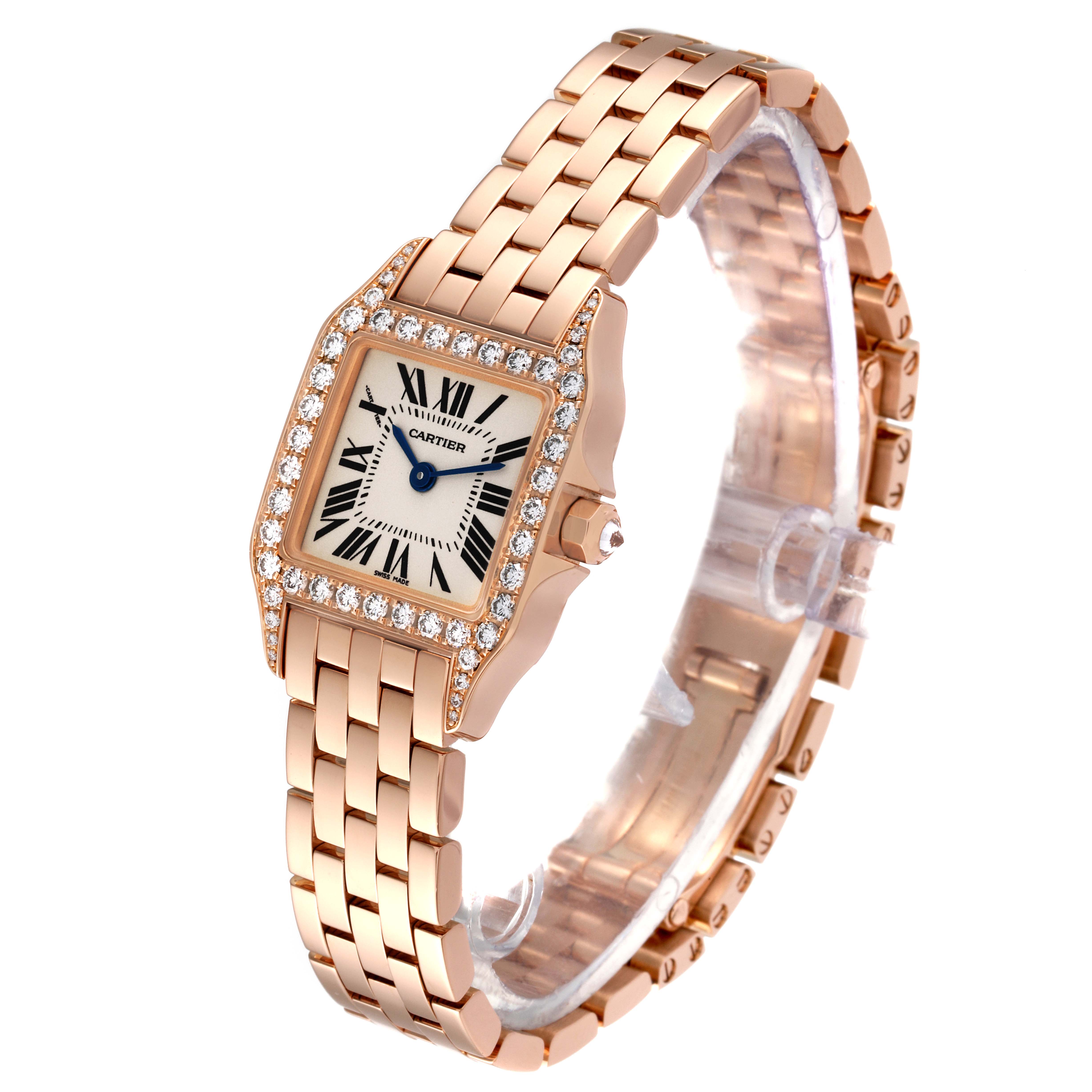 The image shows a Cartier Santos Demoiselle WF9011Z8 Women's Rose Gold Silver Dial WF9011Z8 Women's Rose Gold Silver Dial watch from an oblique angle, highlighting the face, bezel, and bracelet.