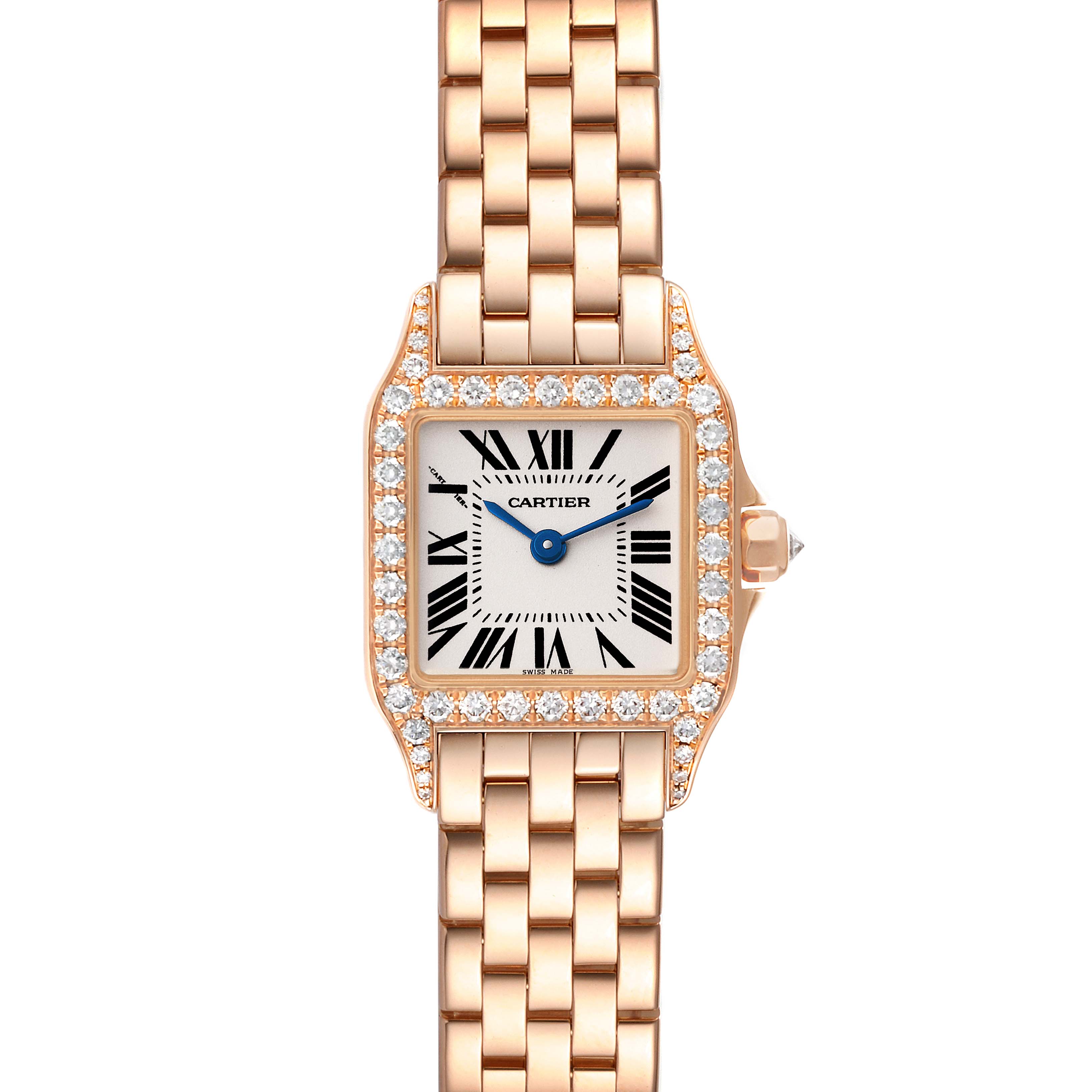 The image shows a front view of the Cartier Santos Demoiselle WF9011Z8 Women's Rose Gold Silver Dial WF9011Z8 Women's Rose Gold Silver Dial watch, showcasing its face, bezel, and bracelet.