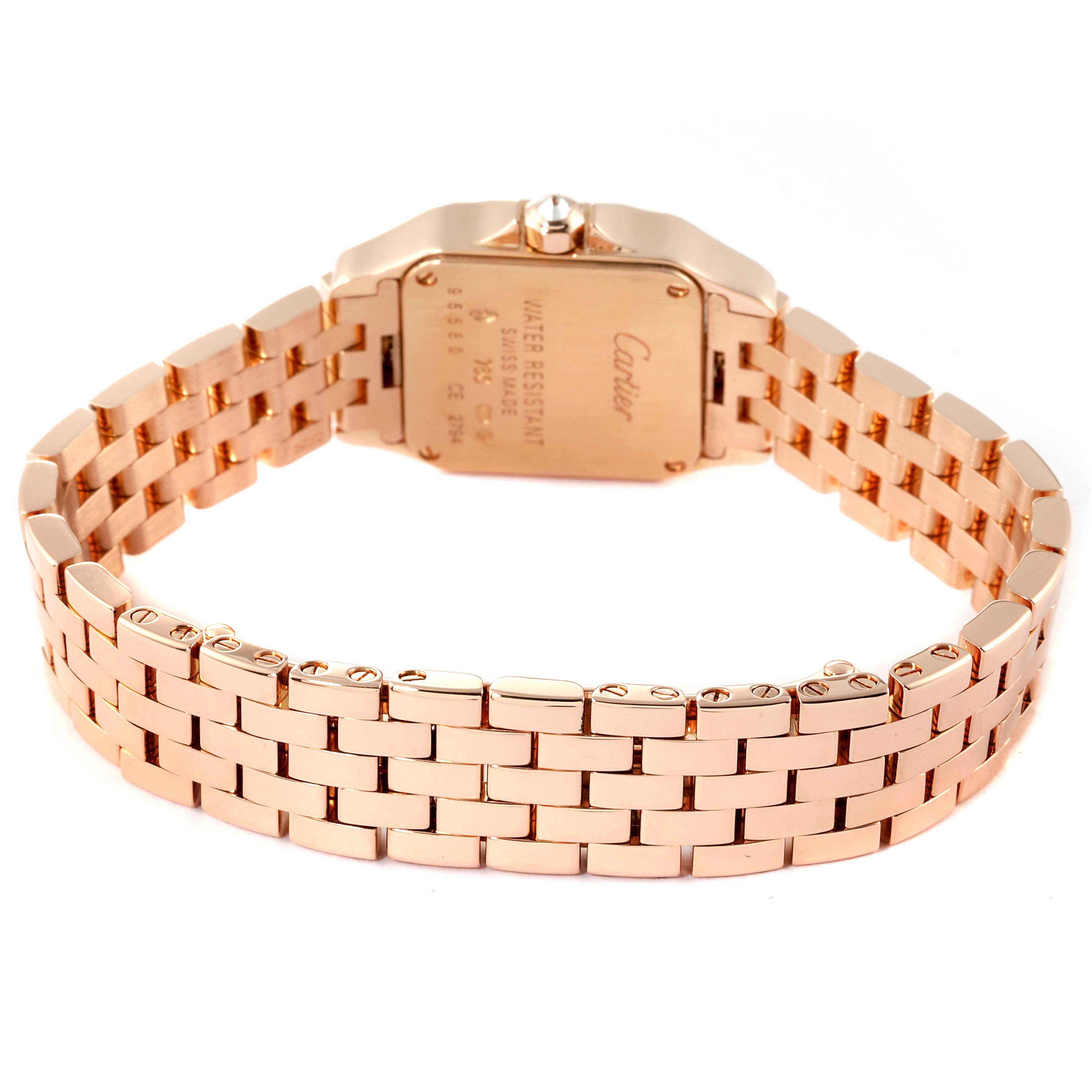 The image shows the back view of the Cartier Santos Demoiselle WF9011Z8 Women's Rose Gold Silver Dial WF9011Z8 Women's Rose Gold Silver Dial watch, focusing on the case back and bracelet.