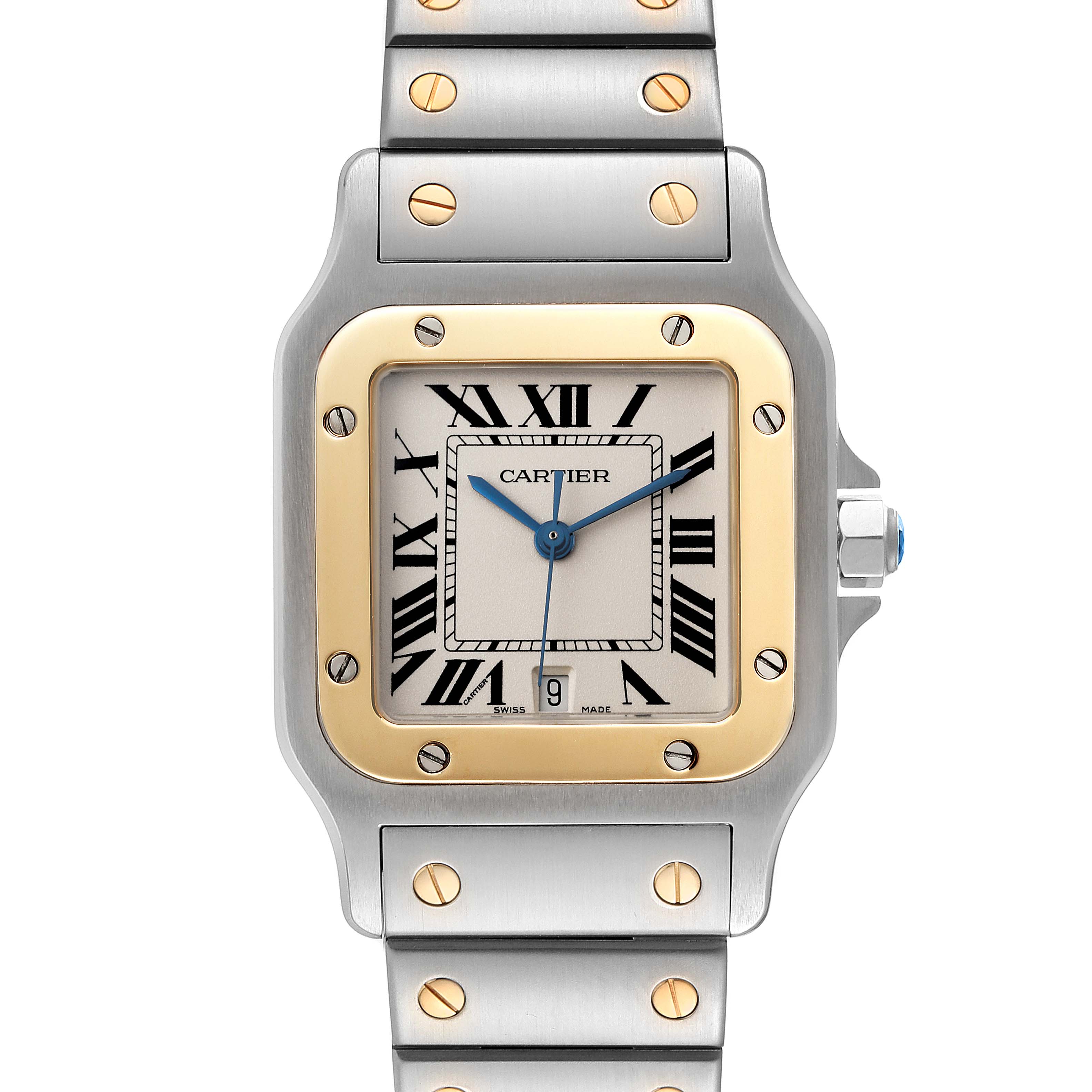 The Cartier Santos W20011C4 Men
s Steel and Gold (two tone) Silver Dial W20011C4 Men
s Steel and Gold (two tone) Silver Dial watch is shown from a top-down angle, highlighting its face, bezel, bracelet, and crown.