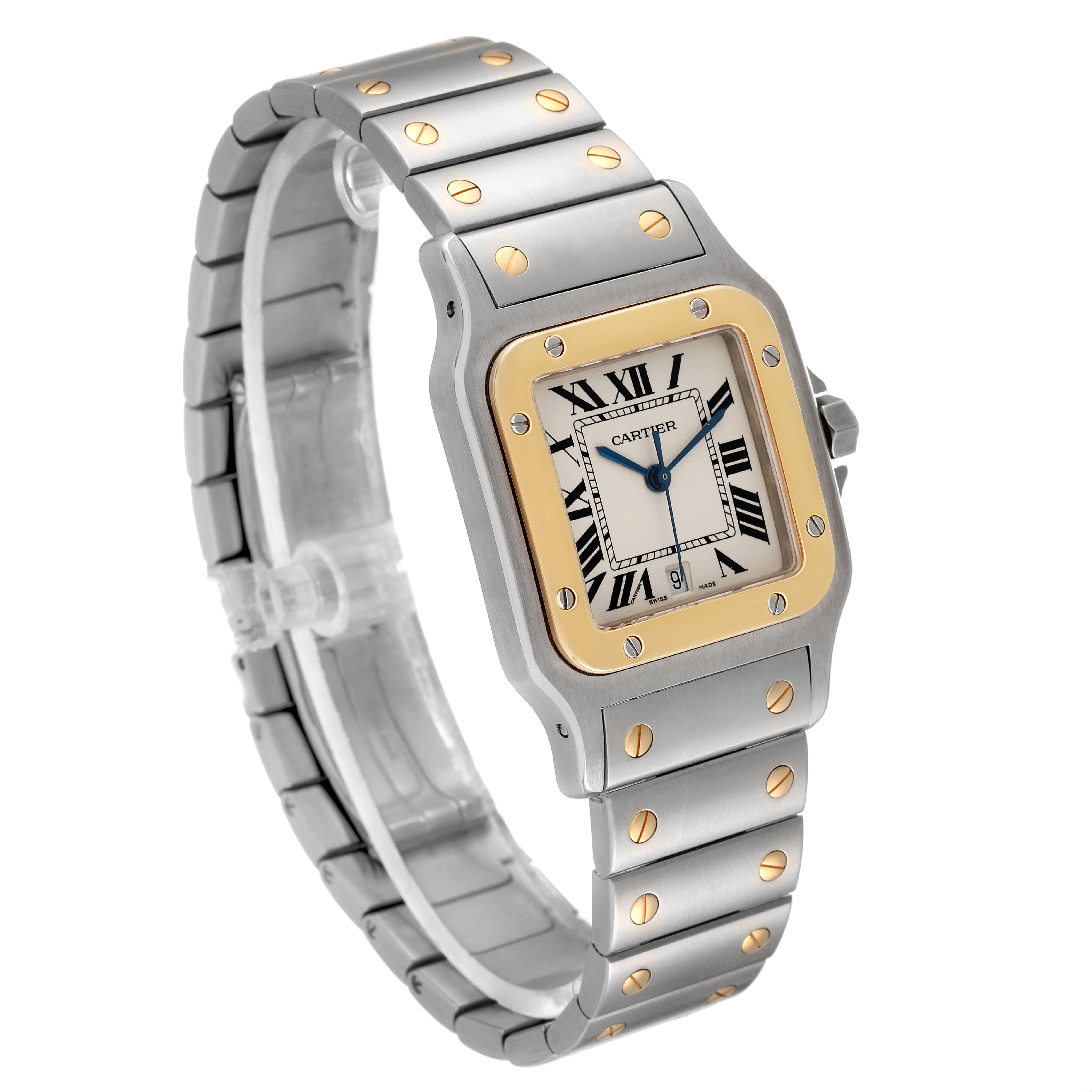 A Cartier Santos W20011C4 Men
s Steel and Gold (two tone) Silver Dial W20011C4 Men
s Steel and Gold (two tone) Silver Dial watch is shown at a three-quarter angle, displaying its face, bezel, and bracelet.