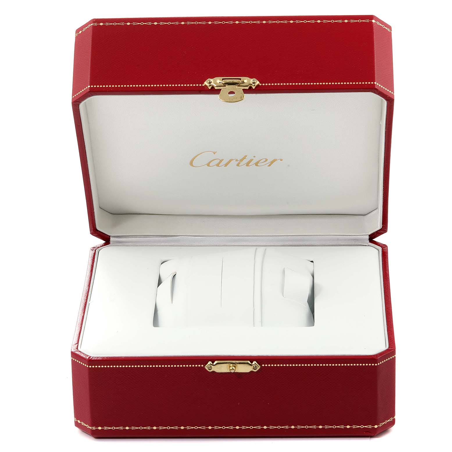 The image shows a Cartier Santos W20011C4 Men
s Steel and Gold (two tone) Silver Dial W20011C4 Men
s Steel and Gold (two tone) Silver Dial watch box open from a frontal angle with inner white cushions.