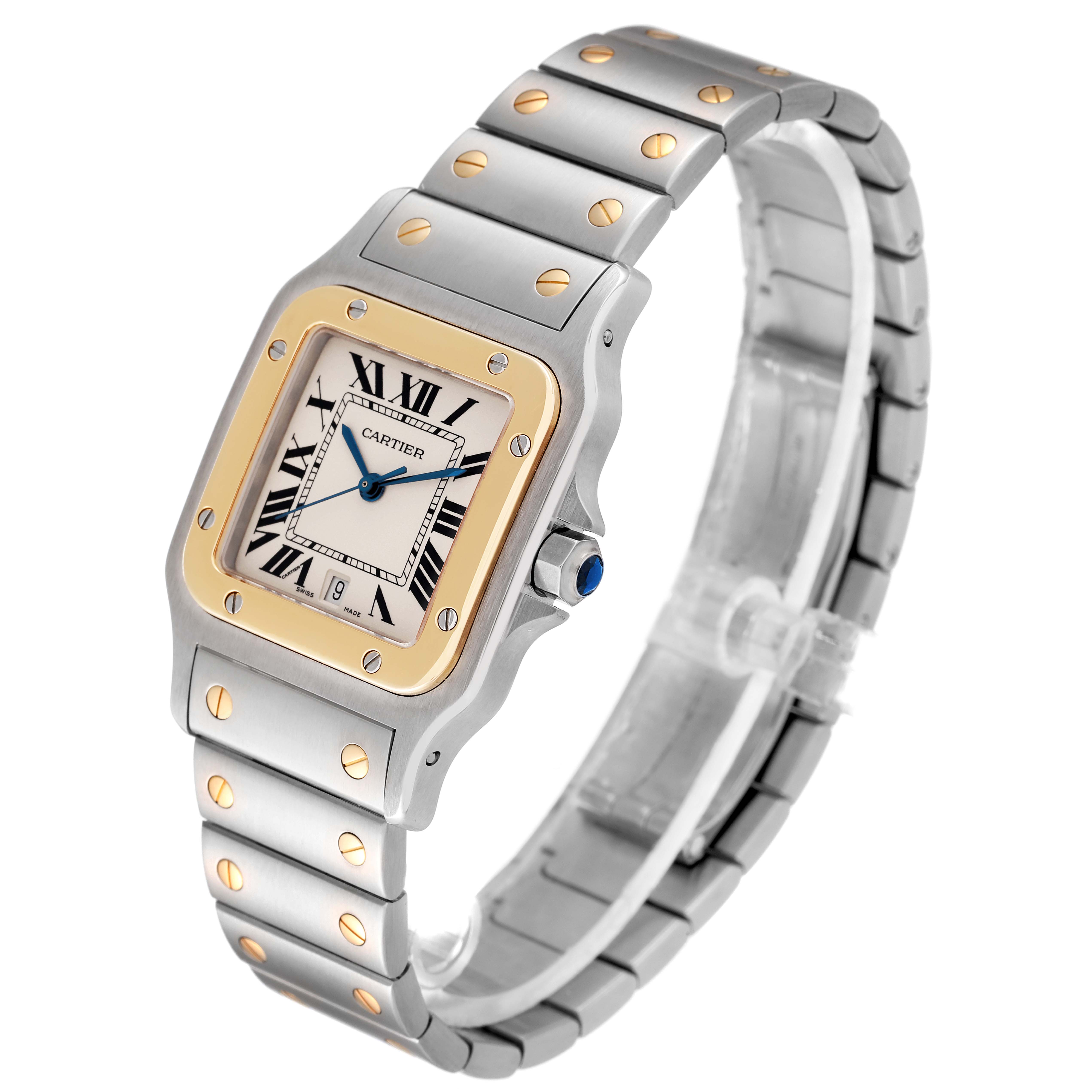 This Cartier Santos W20011C4 Men
s Steel and Gold (two tone) Silver Dial W20011C4 Men
s Steel and Gold (two tone) Silver Dial model watch is shown at a three-quarter angle, highlighting its face, bezel, and bracelet.