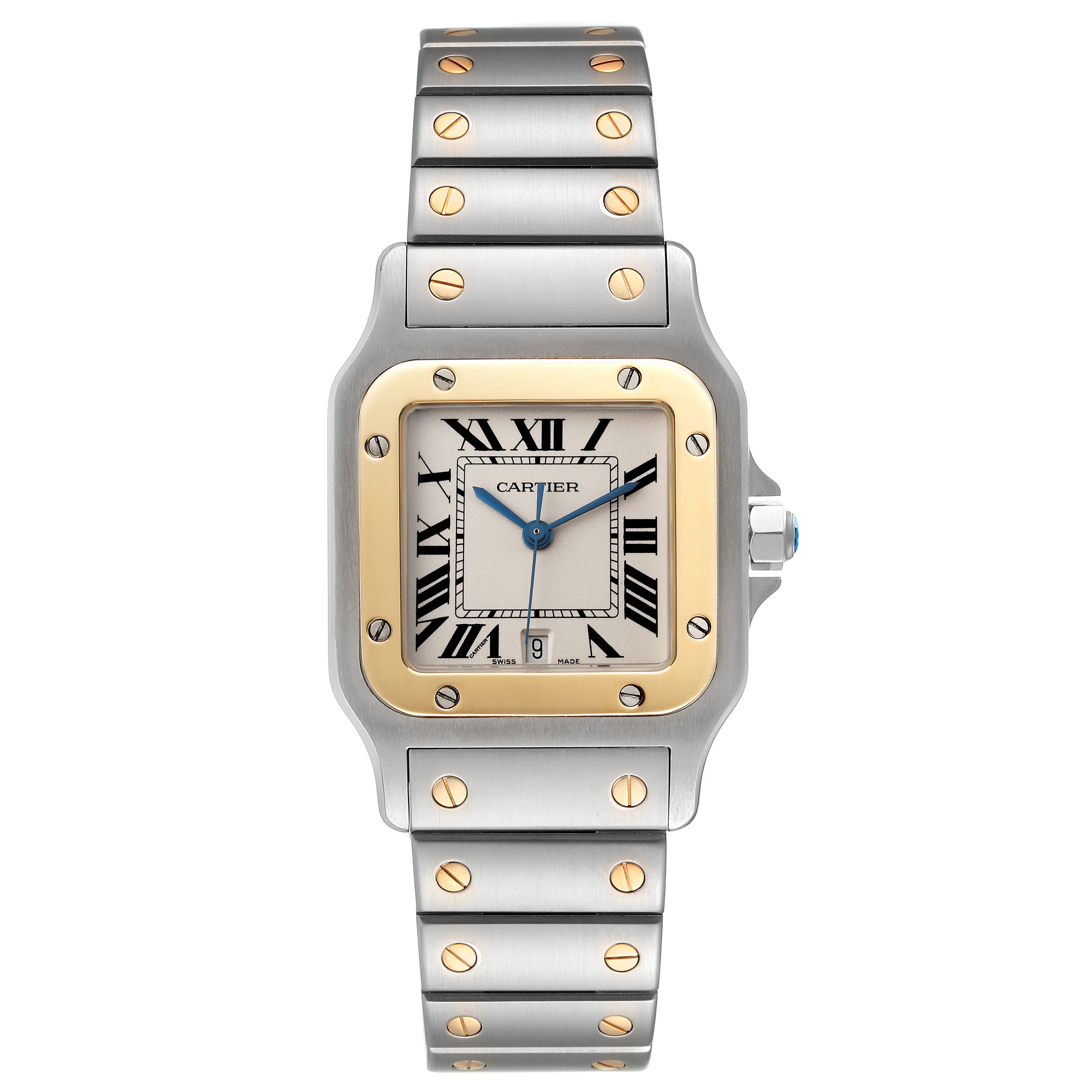 The image shows a front view of a Cartier Santos W20011C4 Men
s Steel and Gold (two tone) Silver Dial W20011C4 Men
s Steel and Gold (two tone) Silver Dial watch, highlighting its square face, two-tone bezel, and metal bracelet band.