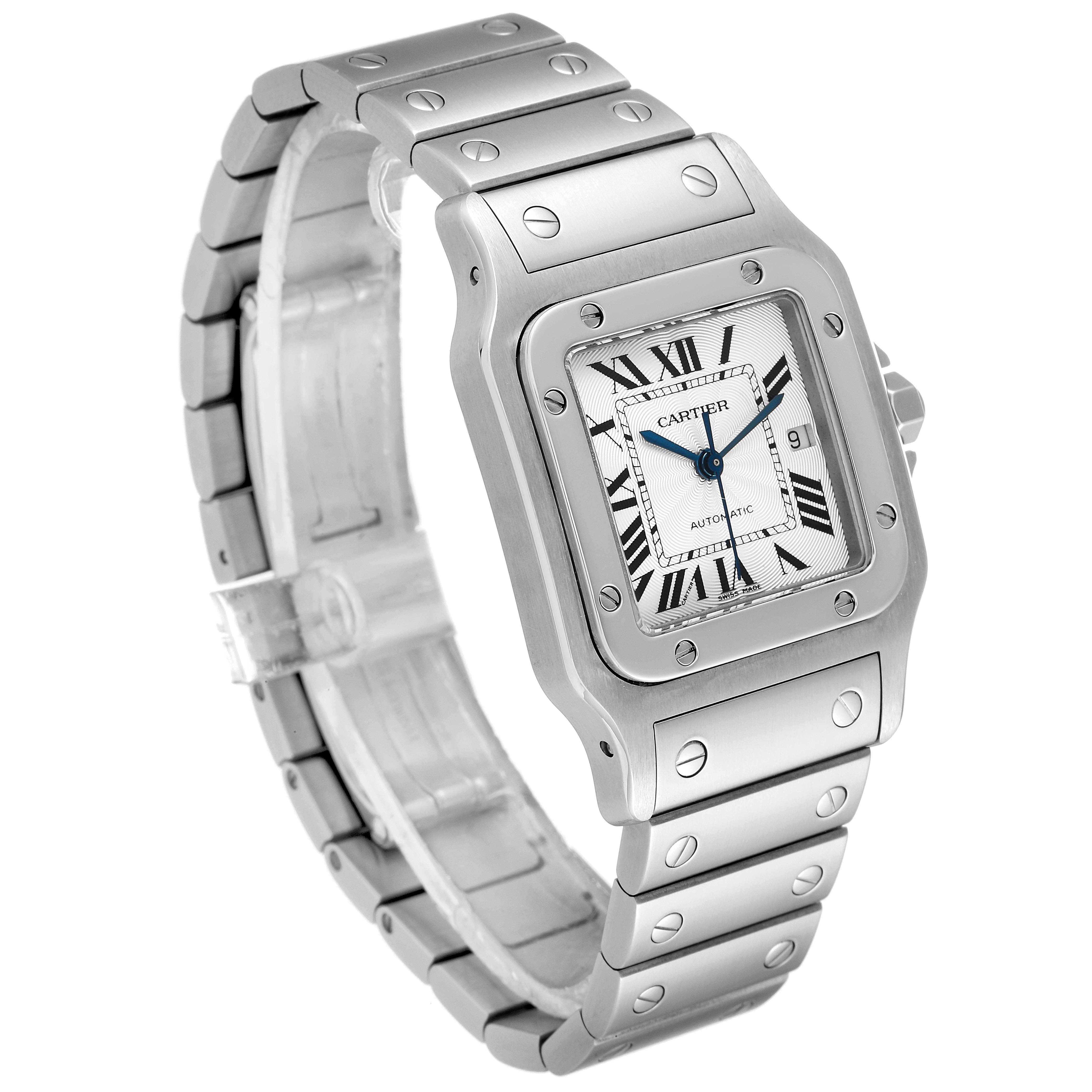 The Cartier Santos W20055D6 Men
s Stainless Steel Silver Dial W20055D6 Men
s Stainless Steel Silver Dial watch is shown at a three-quarter angle, displaying the face, bezel, and bracelet.