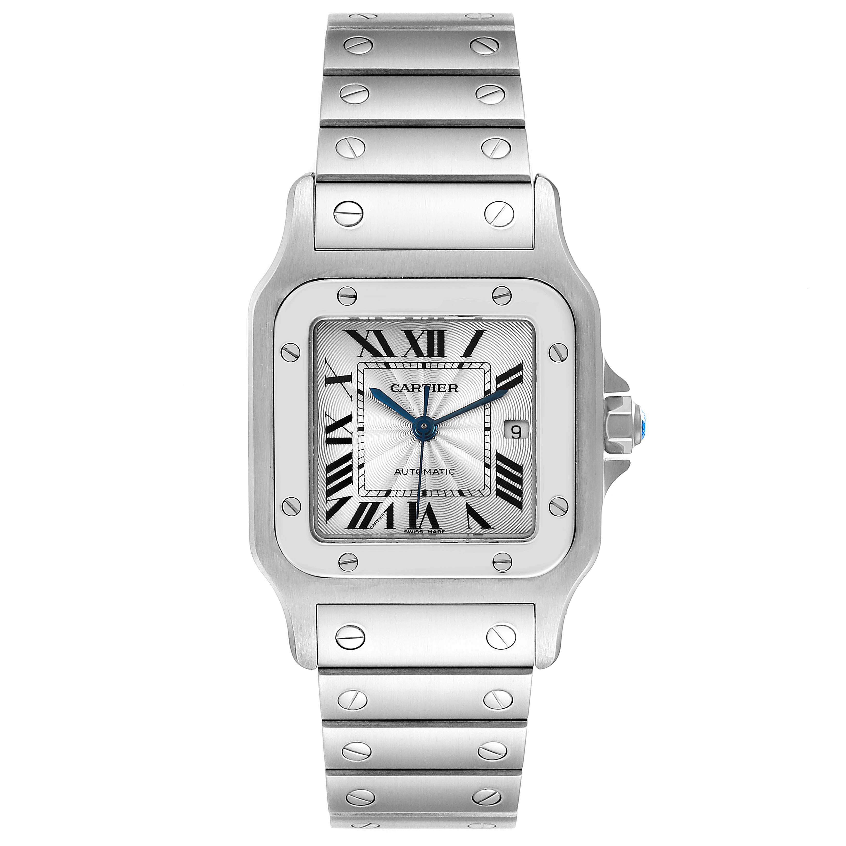 This image shows a Cartier Santos W20055D6 Men
s Stainless Steel Silver Dial W20055D6 Men
s Stainless Steel Silver Dial watch from a front view, highlighting its face and stainless steel band.