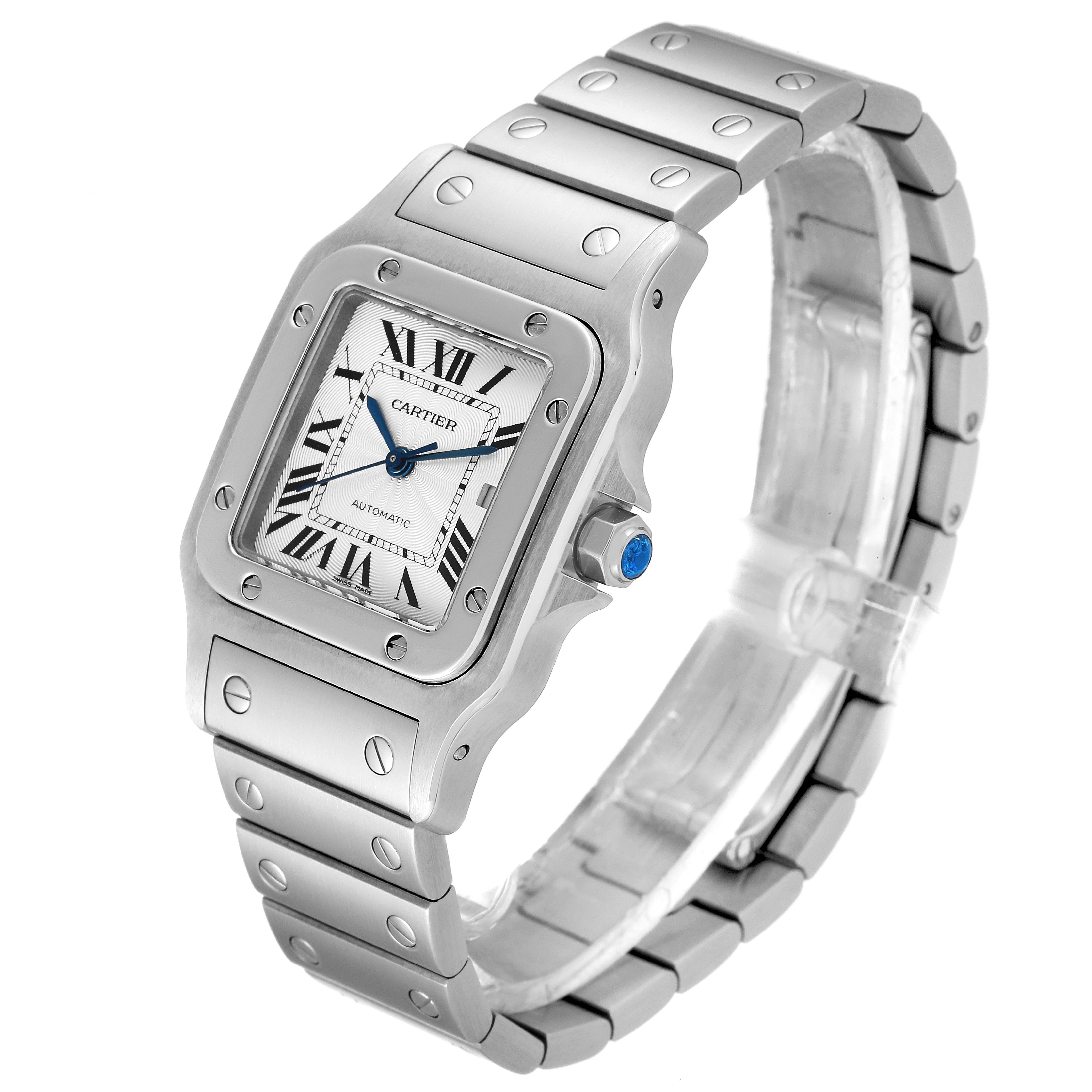 The image shows a Cartier Santos W20055D6 Men
s Stainless Steel Silver Dial W20055D6 Men
s Stainless Steel Silver Dial watch angled to display the face, case, bezel, and bracelet.