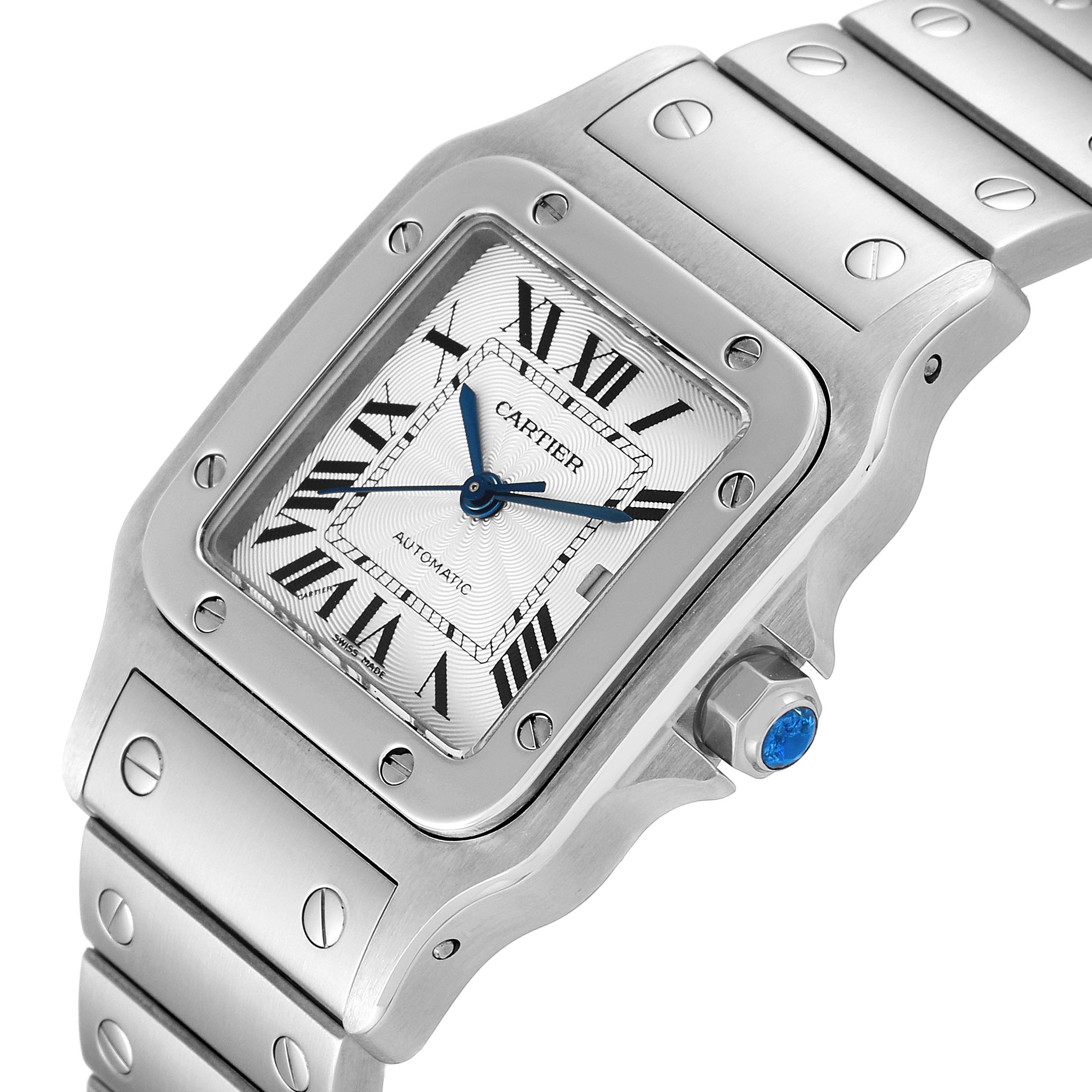 This image shows a close-up angled view of the face and part of the bracelet of a Cartier Santos W20055D6 Men
s Stainless Steel Silver Dial W20055D6 Men
s Stainless Steel Silver Dial watch.