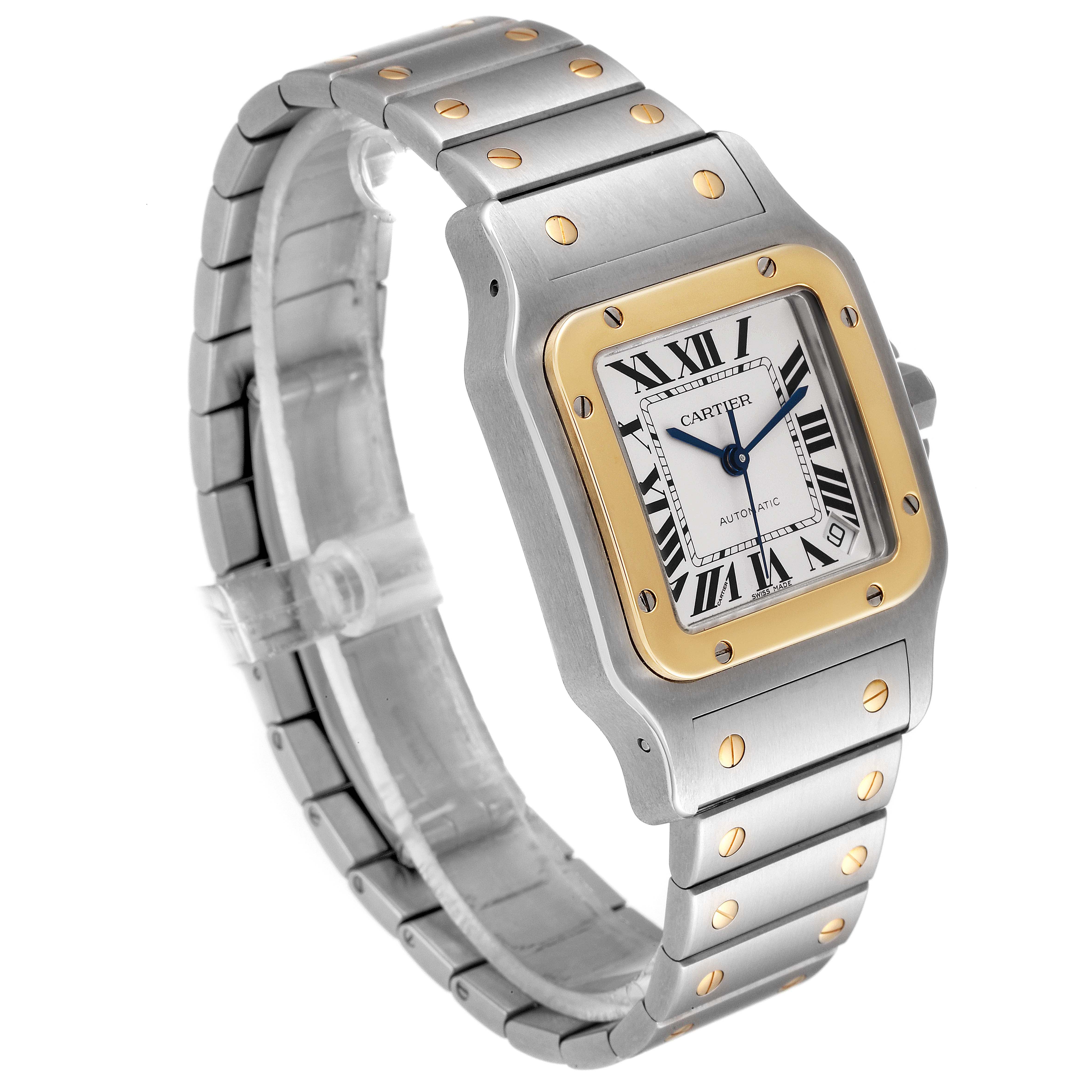 The image shows a Santos model by Cartier at a slight angle, highlighting the face, bezel, and bracelet with gold screws.