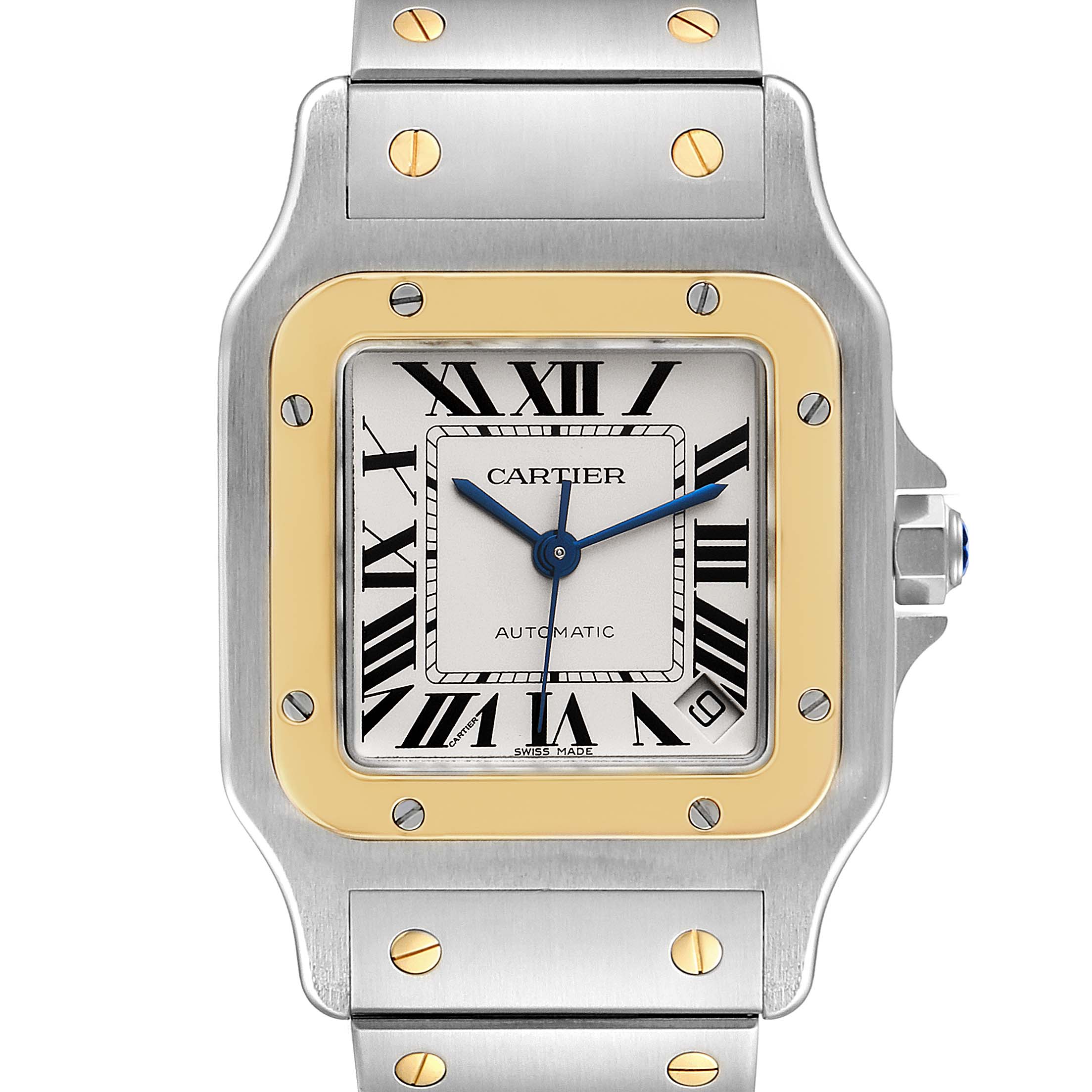 This image shows a close-up of the dial, bezel, and part of the bracelet of a Cartier Santos W20099C4 Men
s Steel and Gold (two tone) Silver Dial W20099C4 Men
s Steel and Gold (two tone) Silver Dial watch.