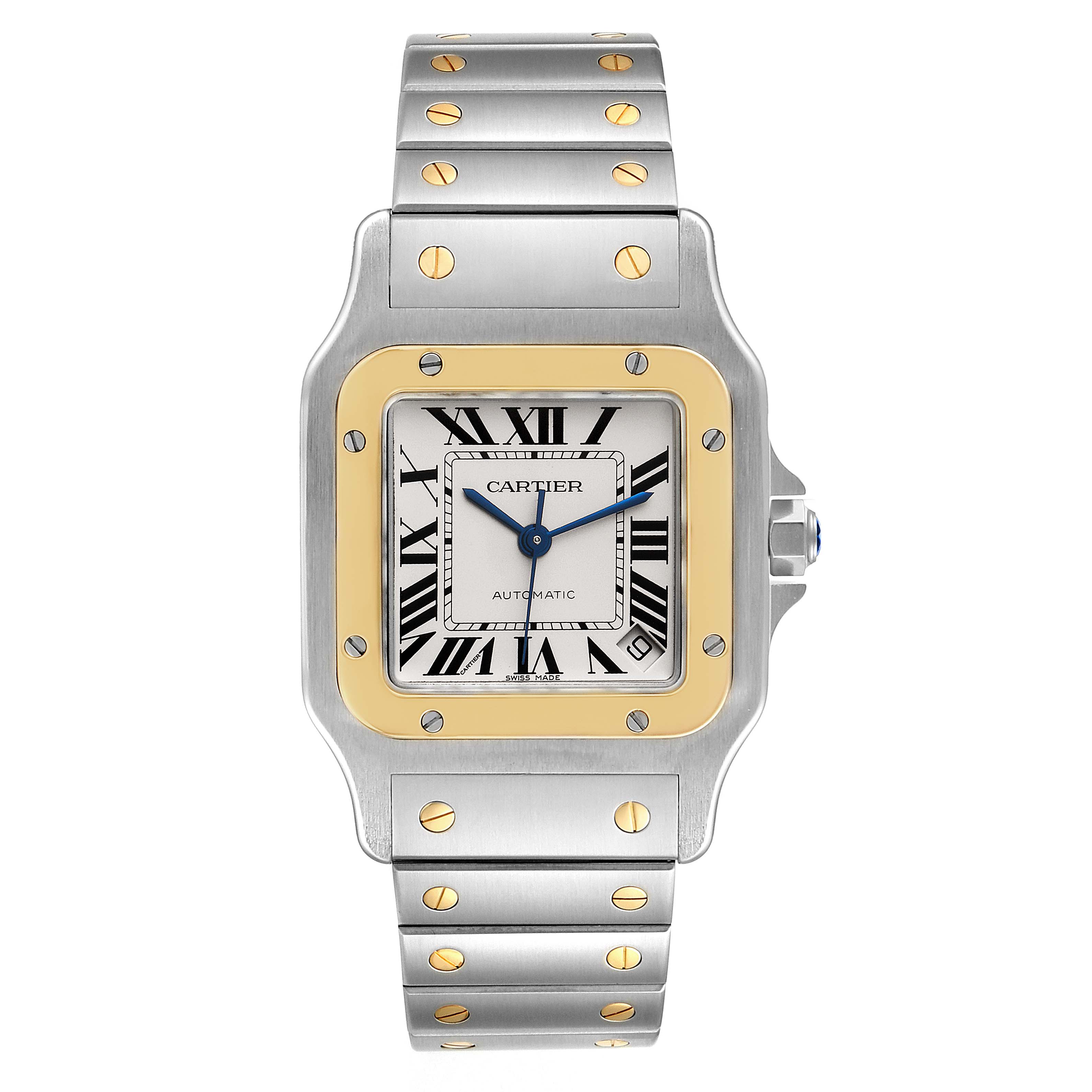 The image shows a front view of a Cartier Santos W20099C4 Men
s Steel and Gold (two tone) Silver Dial W20099C4 Men
s Steel and Gold (two tone) Silver Dial watch, displaying its face, bezel, and bracelet.