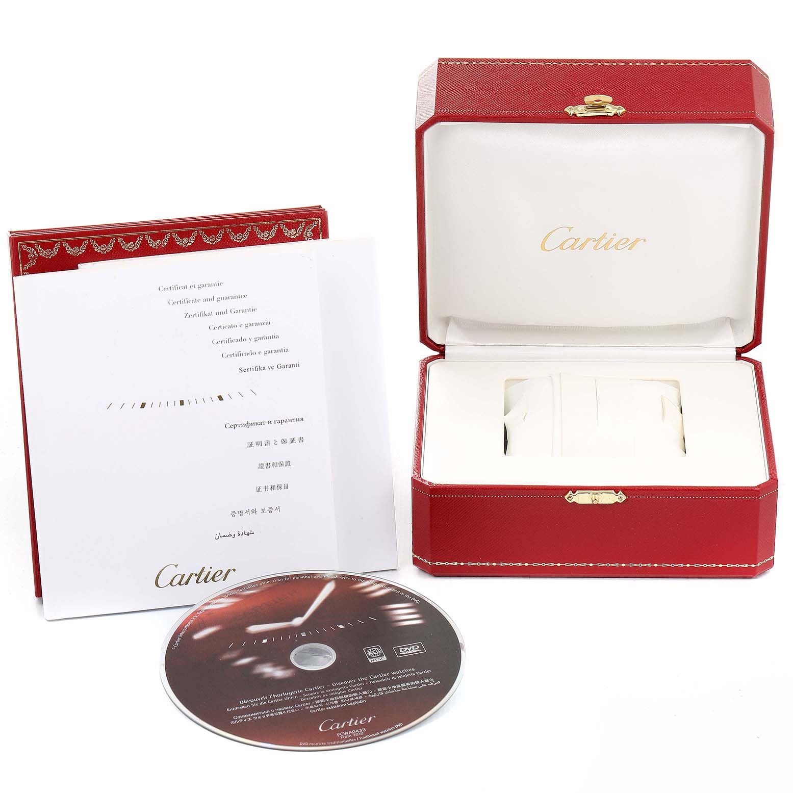 The image shows the packaging, documentation, and a DVD for the Santos model by Cartier, including a red presentation box.