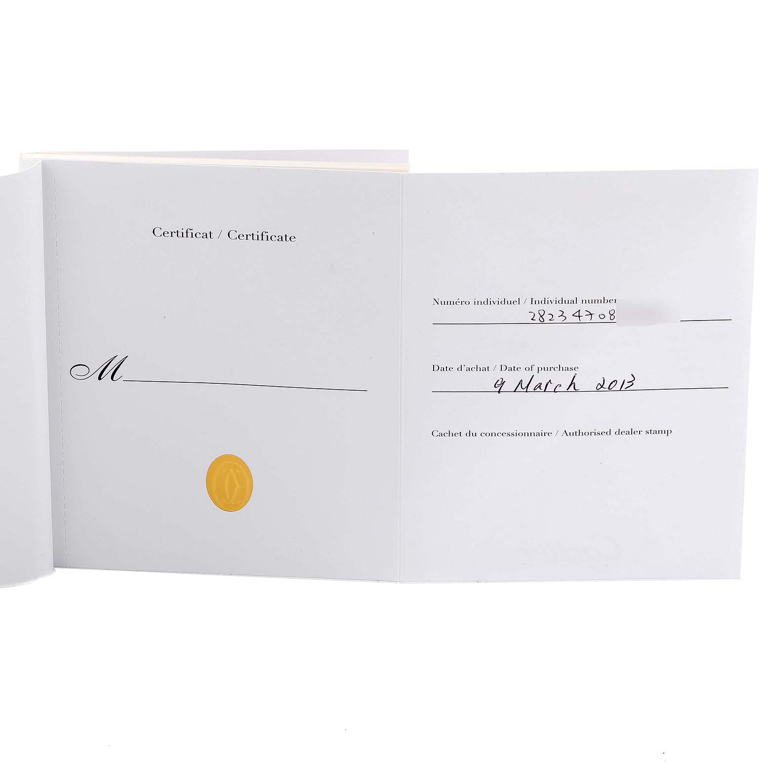 This image shows an open certification booklet for a Cartier Santos W20099C4 Men
s Steel and Gold (two tone) Silver Dial W20099C4 Men
s Steel and Gold (two tone) Silver Dial model watch.