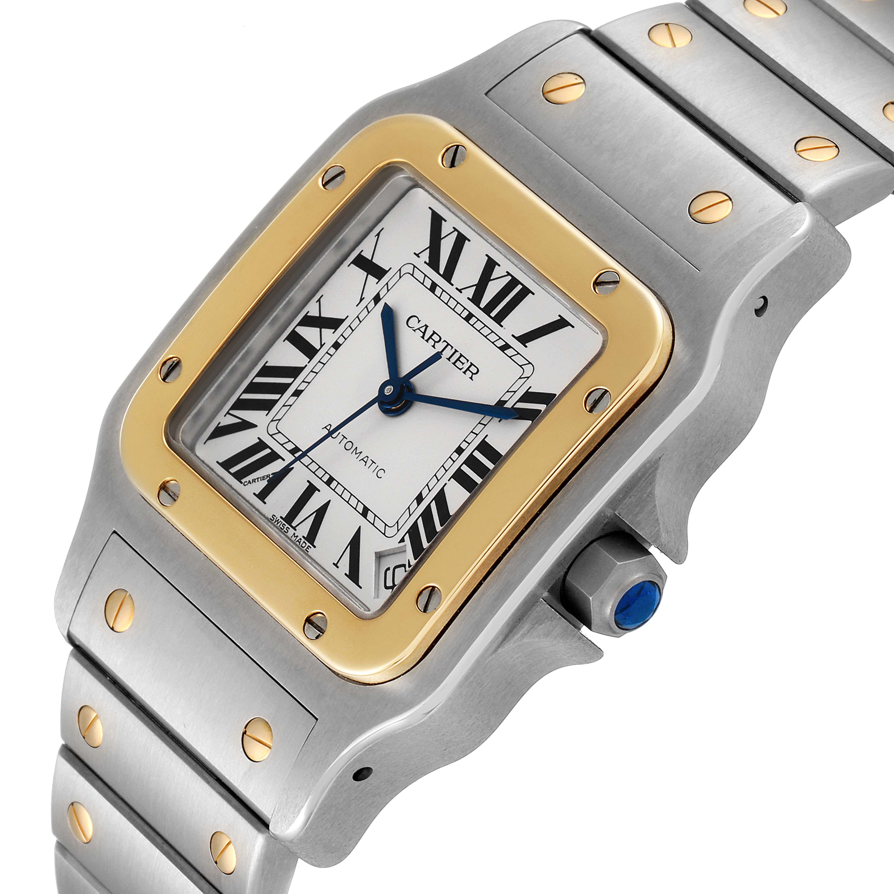 This image shows a close-up of the Cartier Santos W20099C4 Men
s Steel and Gold (two tone) Silver Dial W20099C4 Men
s Steel and Gold (two tone) Silver Dial watch face, crown, and part of the bracelet at an angled view.
