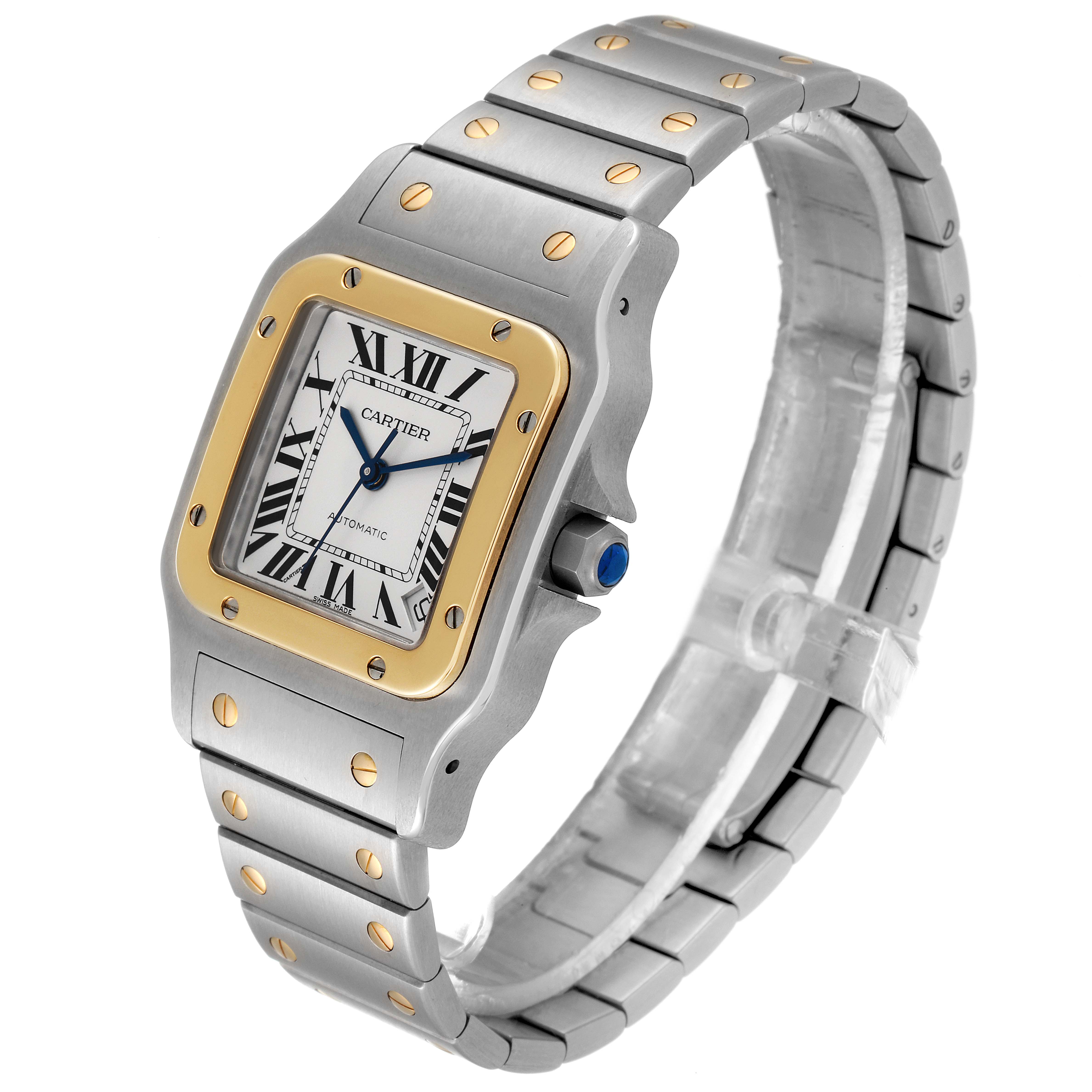The image shows a Cartier Santos W20099C4 Men
s Steel and Gold (two tone) Silver Dial W20099C4 Men
s Steel and Gold (two tone) Silver Dial watch at a three-quarter angle, highlighting the face, bezel, and stainless steel and gold bracelet.