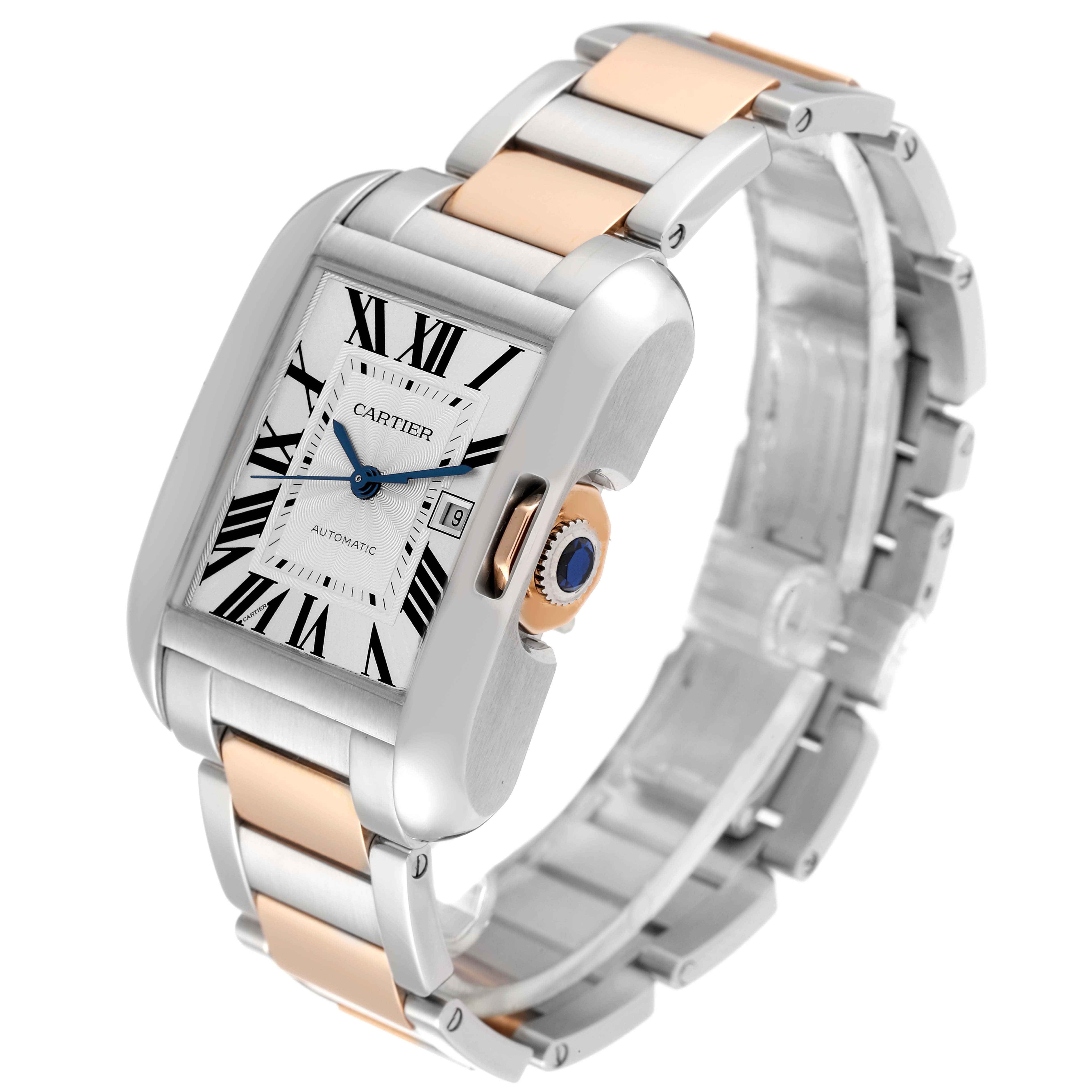 The image shows a side angle view of the Cartier Tank Anglaise W5310007 Men's Steel and Gold (two tone) Silver Dial W5310007 Men's Steel and Gold (two tone) Silver Dial watch, highlighting its two-tone metal strap and rectangular face.