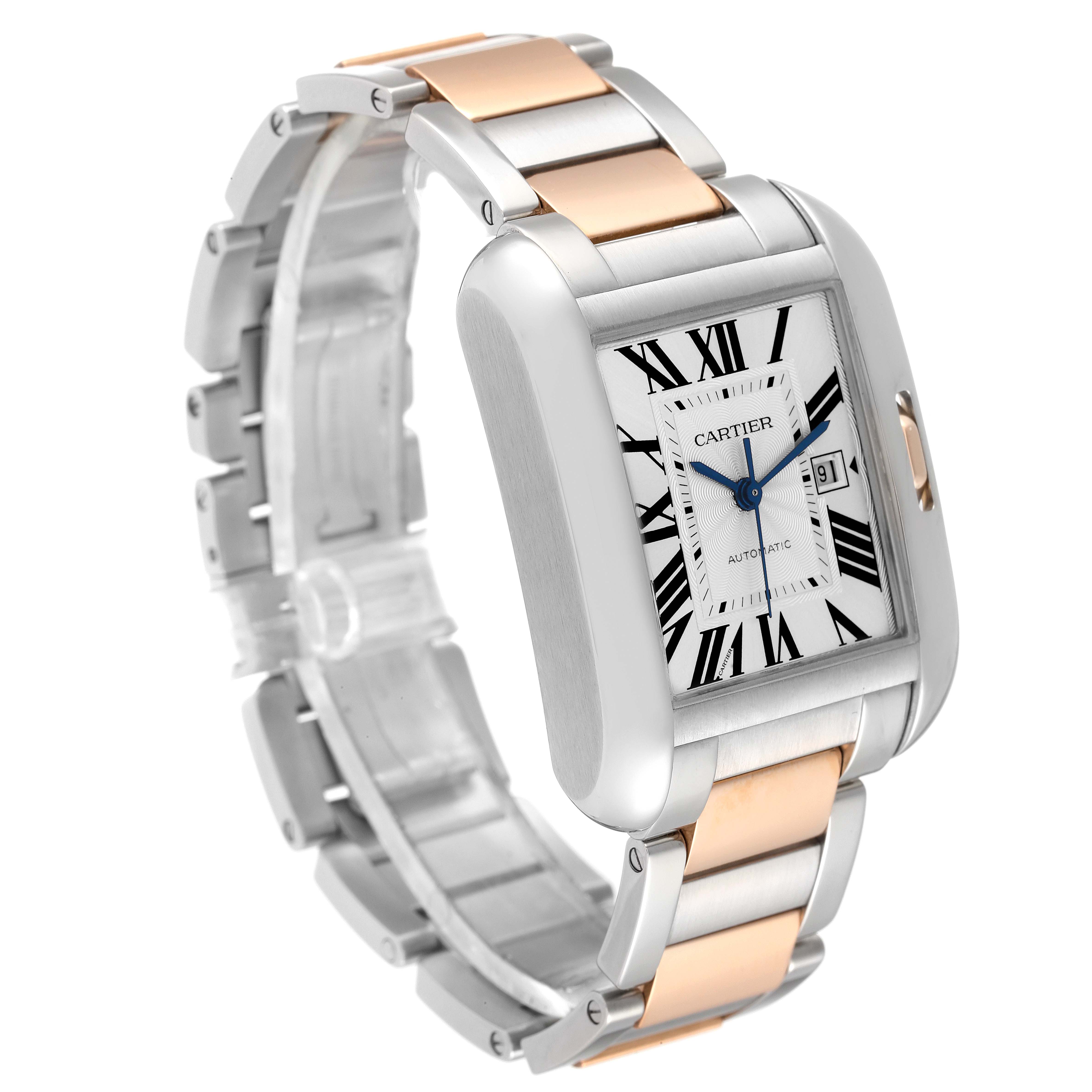 This image shows a Cartier Tank Anglaise W5310007 Men's Steel and Gold (two tone) Silver Dial W5310007 Men's Steel and Gold (two tone) Silver Dial watch at a slight angle, highlighting its two-tone metal bracelet and rectangular face with Roman numerals.