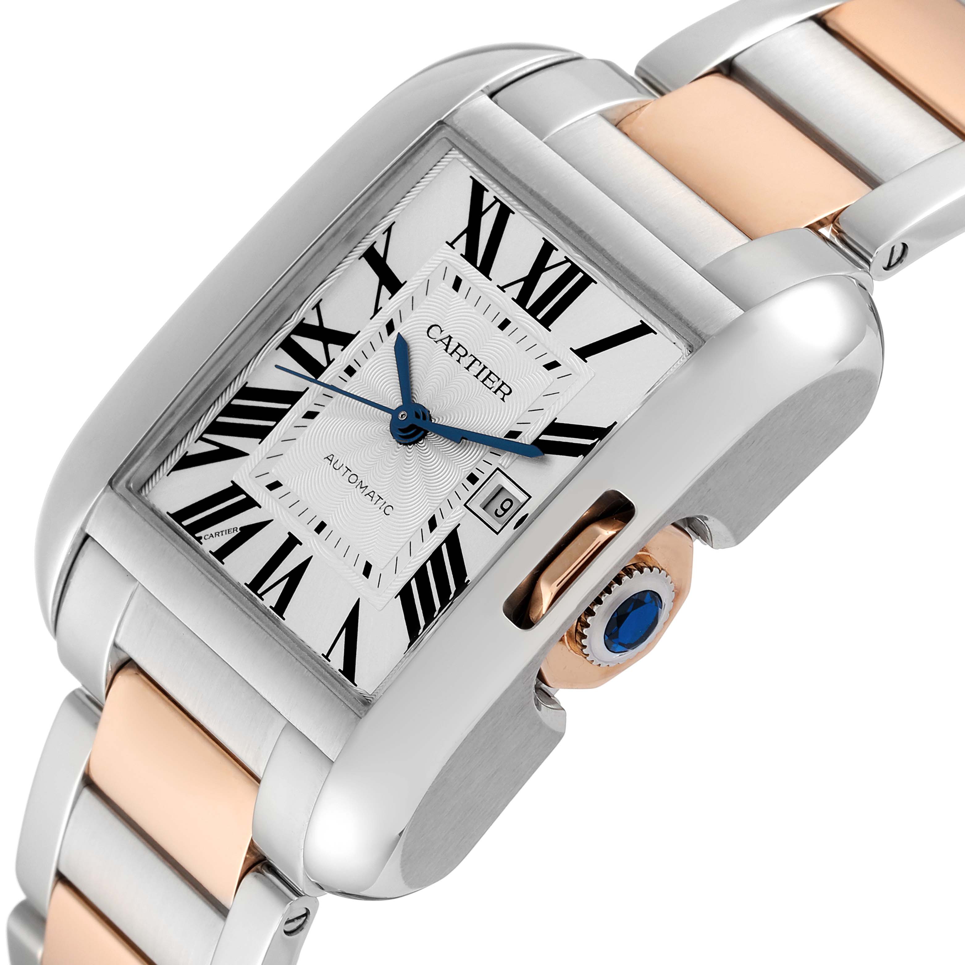 The image shows a close-up, angled view of the Cartier Tank Anglaise W5310007 Men's Steel and Gold (two tone) Silver Dial W5310007 Men's Steel and Gold (two tone) Silver Dial watch, showcasing the dial, crown, and part of the bracelet.
